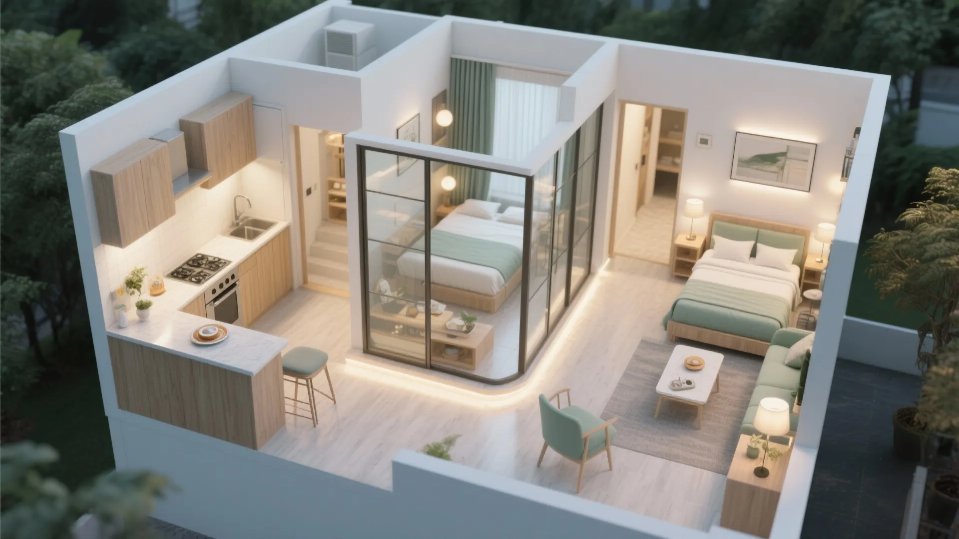 Interior design drawing of a small apartment layout with kitchen living room and two bedrooms