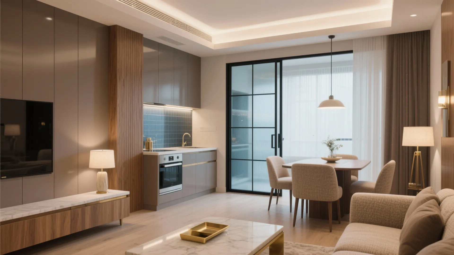 Elegant living room and small kitchen area with dining table ceiling light and sliding glass