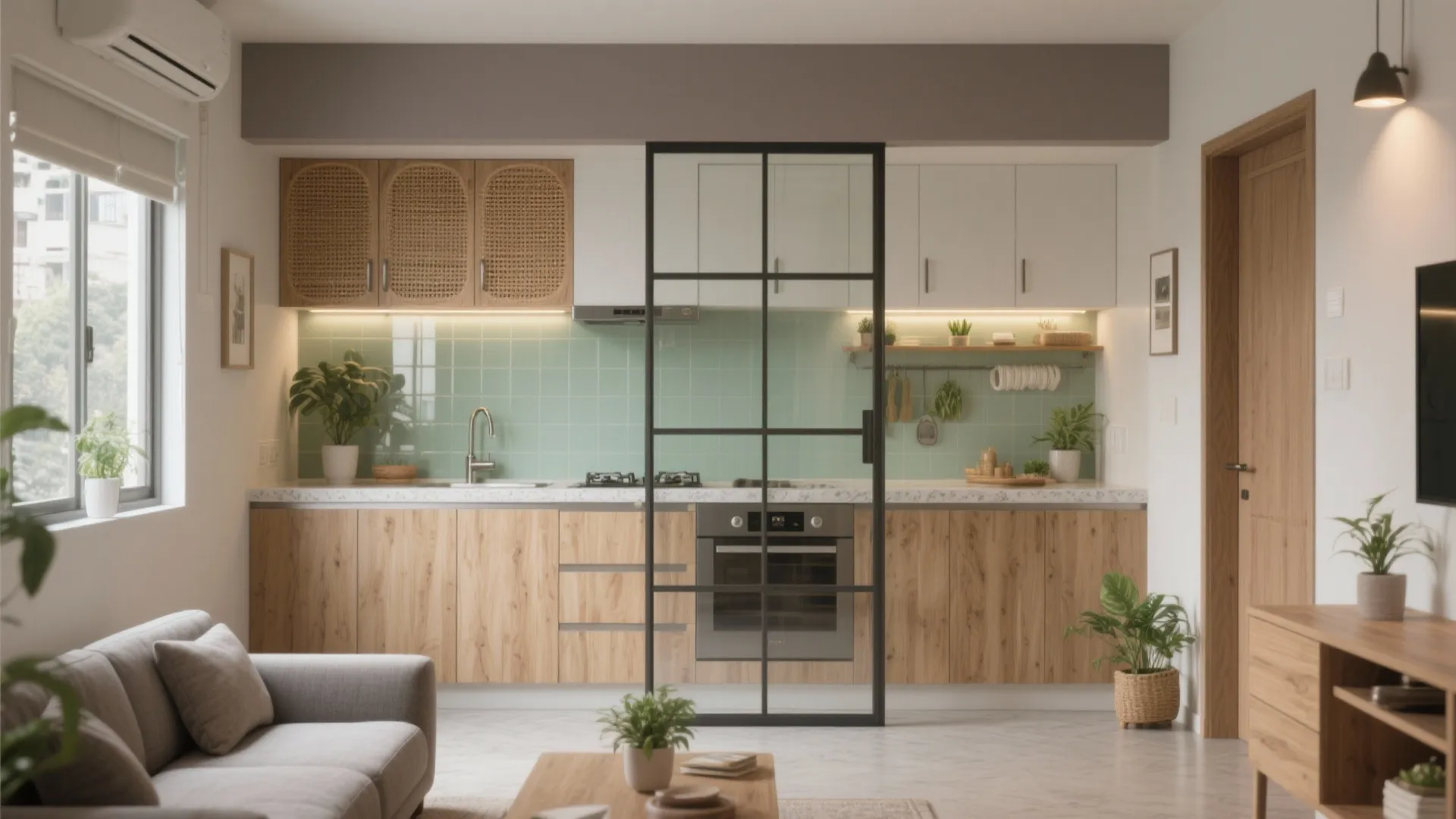 Open plan living area featuring a wood kitchen with green wall tiles and glass door partition