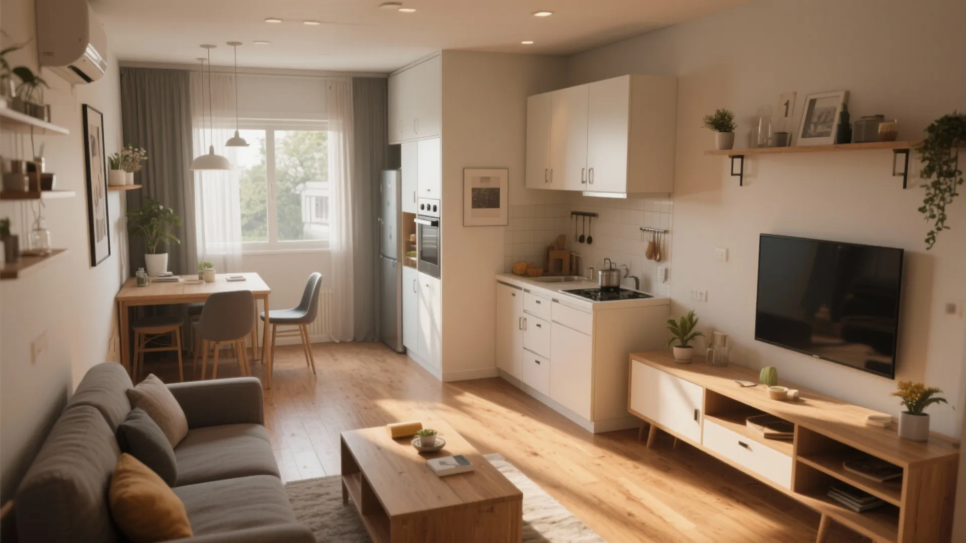 Small apartment interior design drawing with open kitchen dining area living room and wooden floor tiles