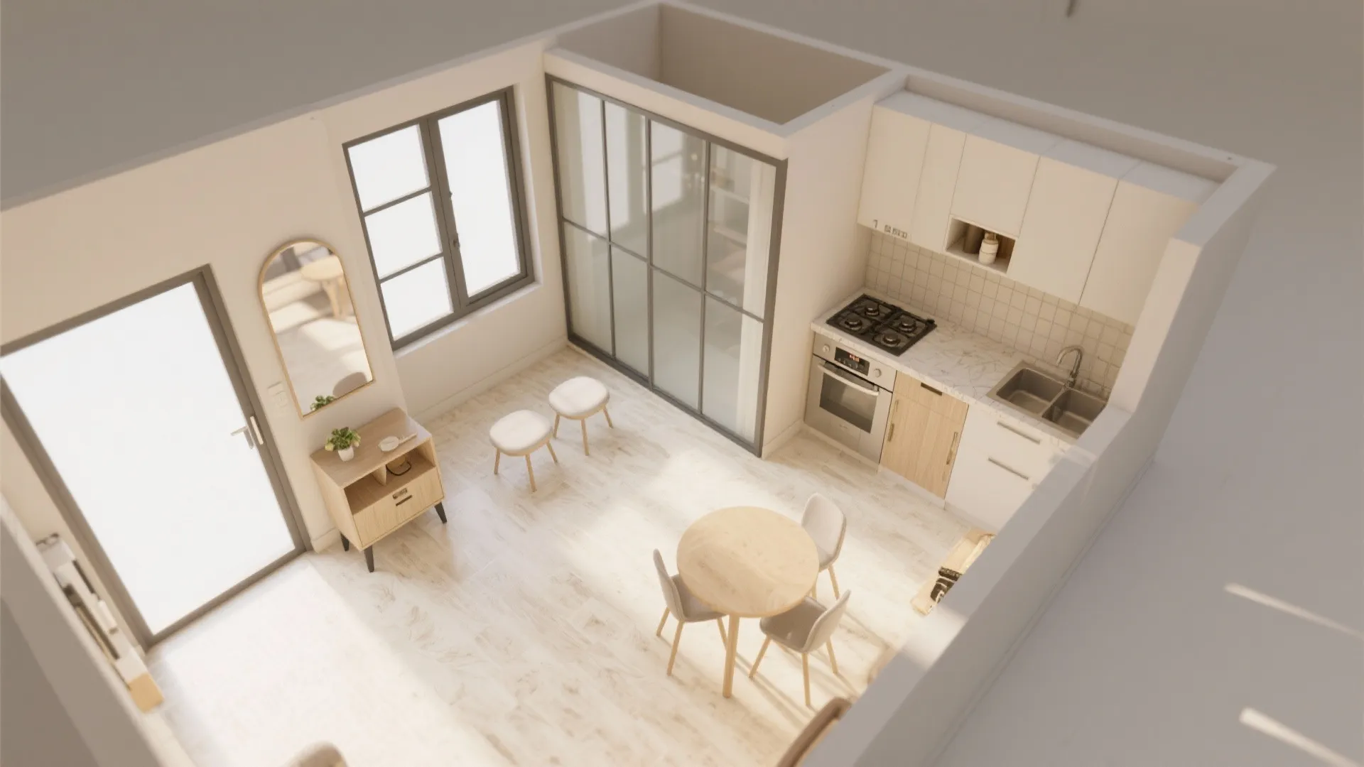 Interior design drawing showing top view of studio apartment with kitchen dining table and small cabinet