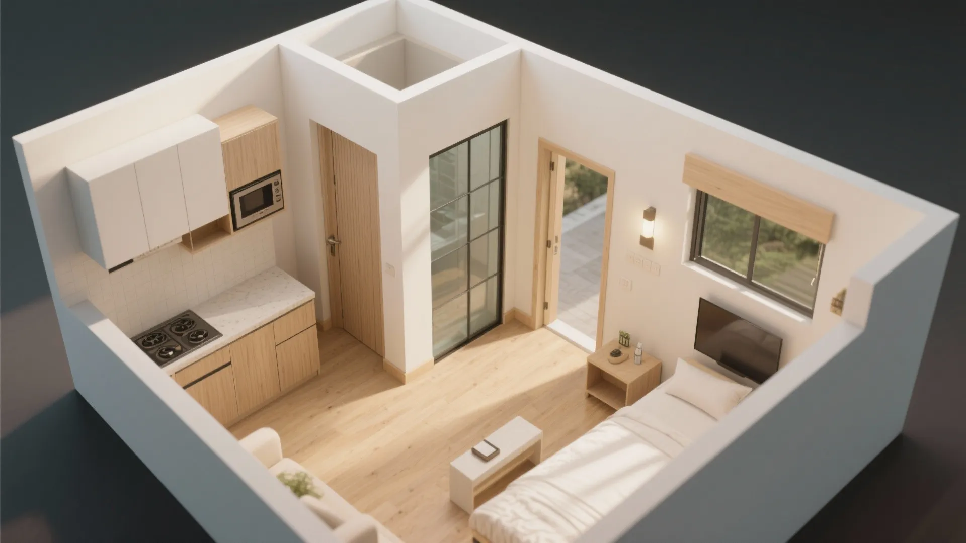 Modern studio apartment layout design with kitchen cabinets, stove, bed, TV, wooden floor, and light