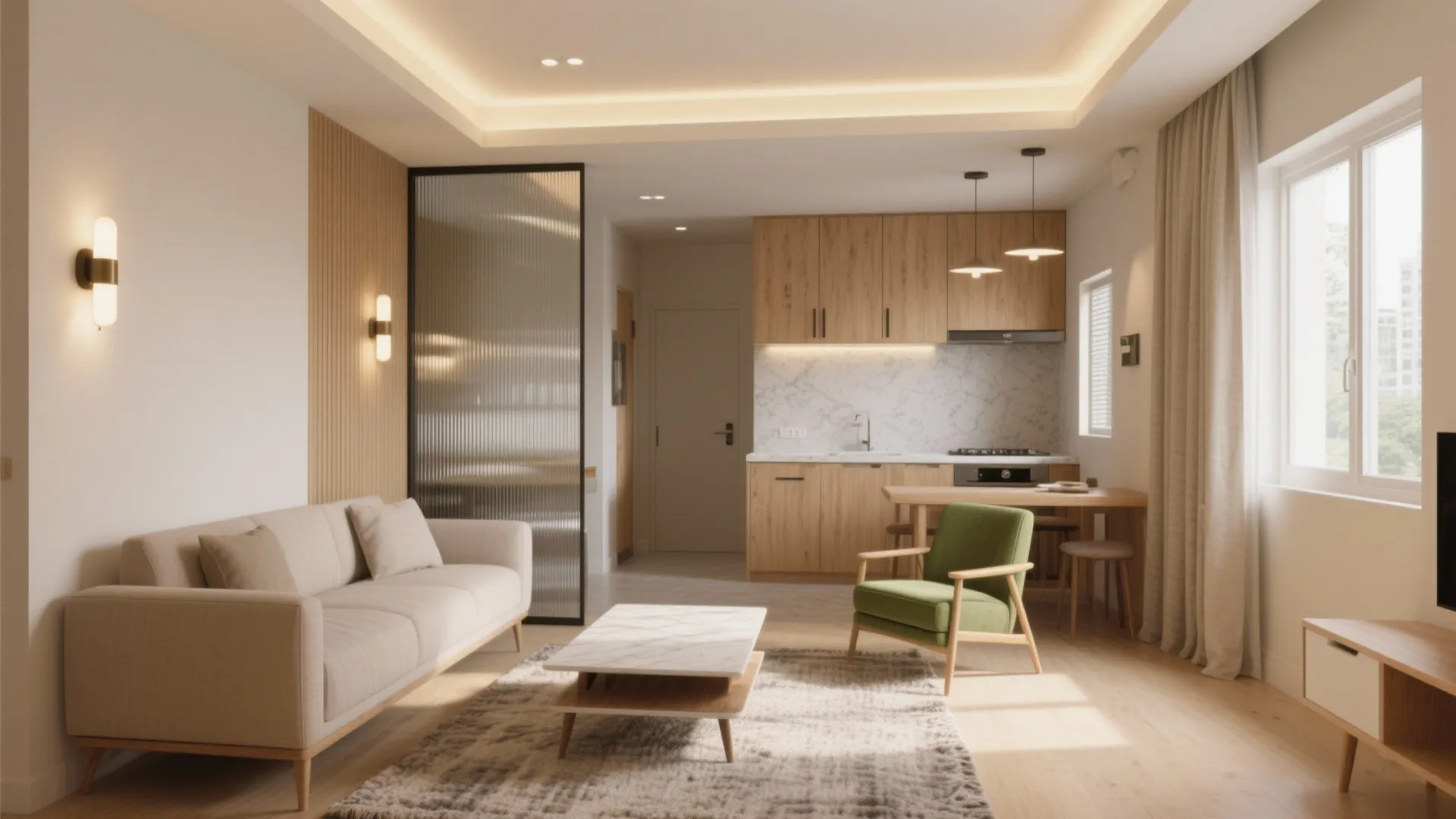 Modern warm living room with beige sofa green armchair marble coffee table and open kitchen area