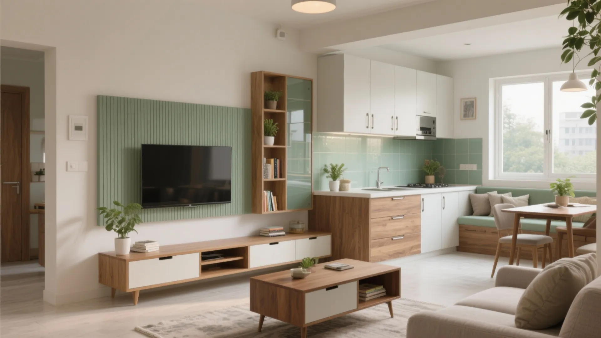 Open plan small apartment showing living area kitchen with green wall tiles and dining space setup