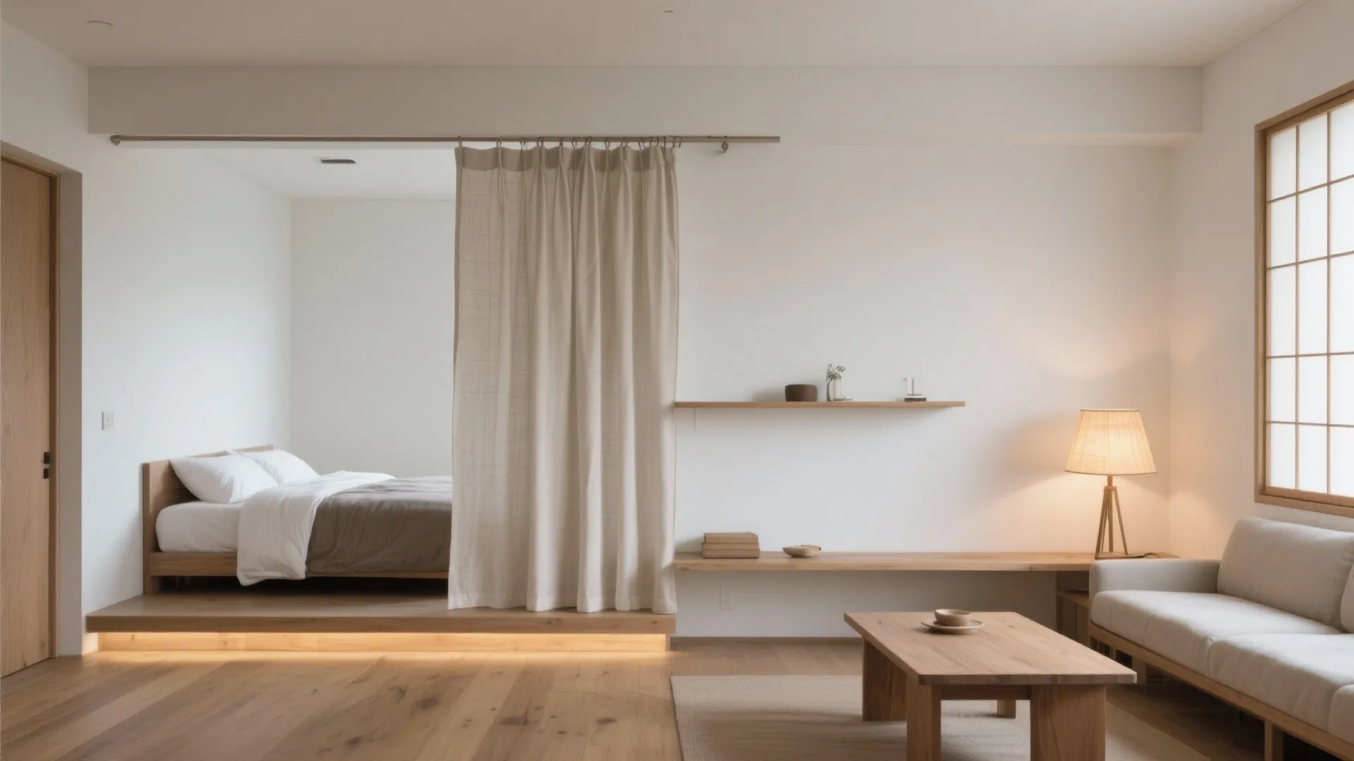 寝ると食べるを“半分だけ分ける”：カーテンと家具で緩やか仕切り