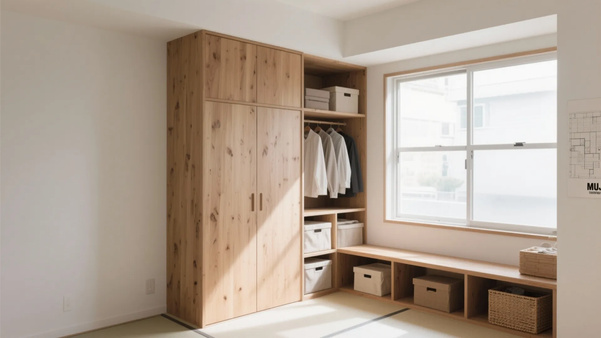 収納技巧で“どっち”を解く：背の高い収納は壁、低い収納は窓下へ