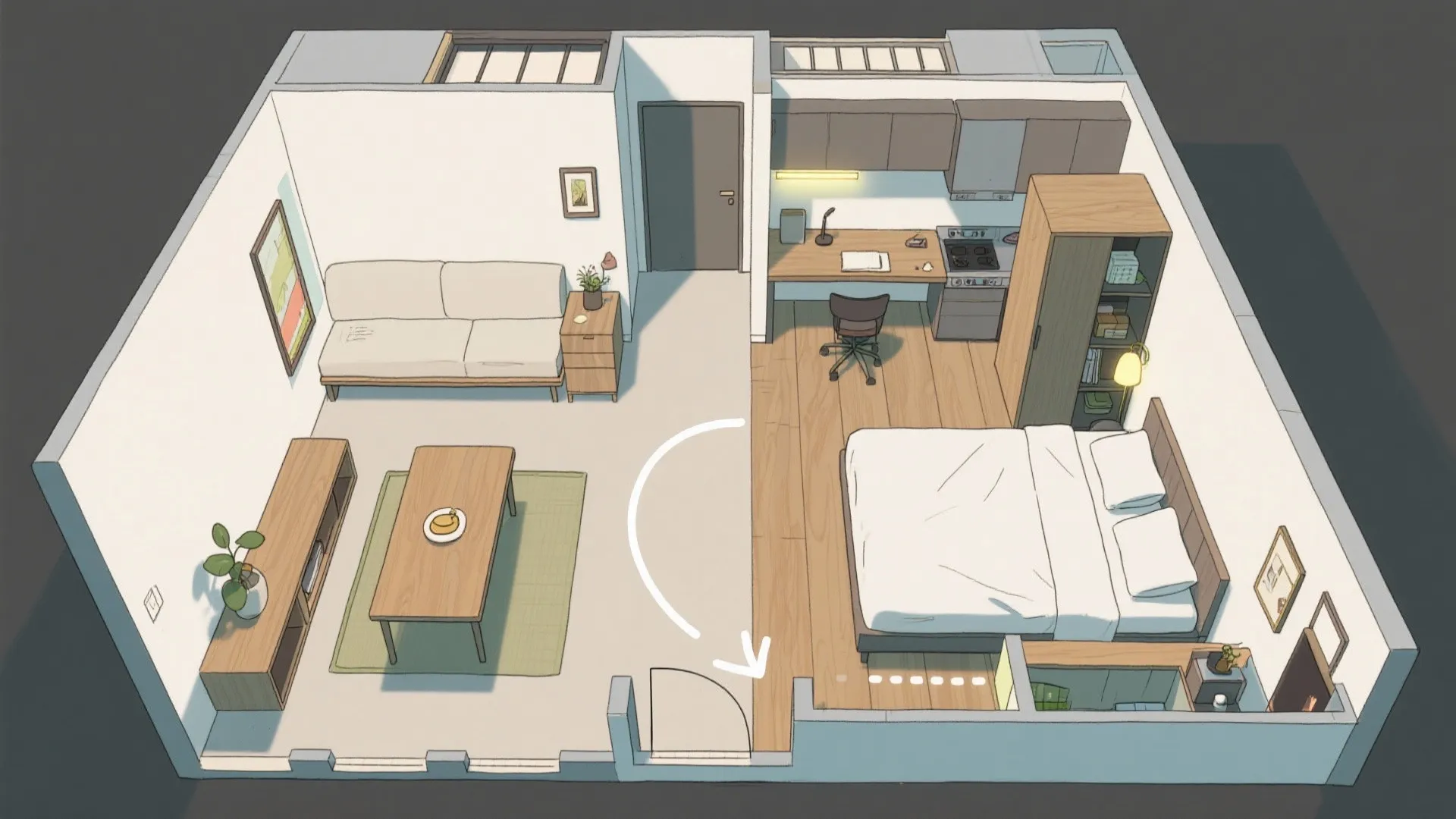 回遊できる家具配置：動線計画で1Kが一気に片付く