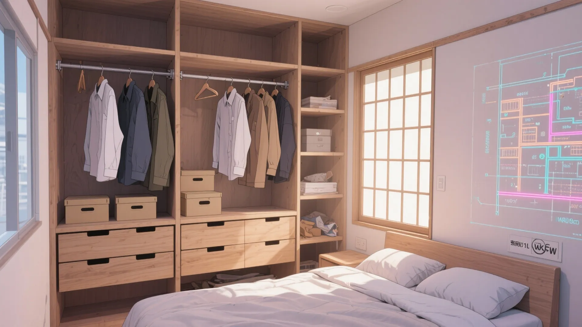 ベッド脇は80cmの“縦の余白”を確保し、収納技巧で衣類の出し入れを半自動化