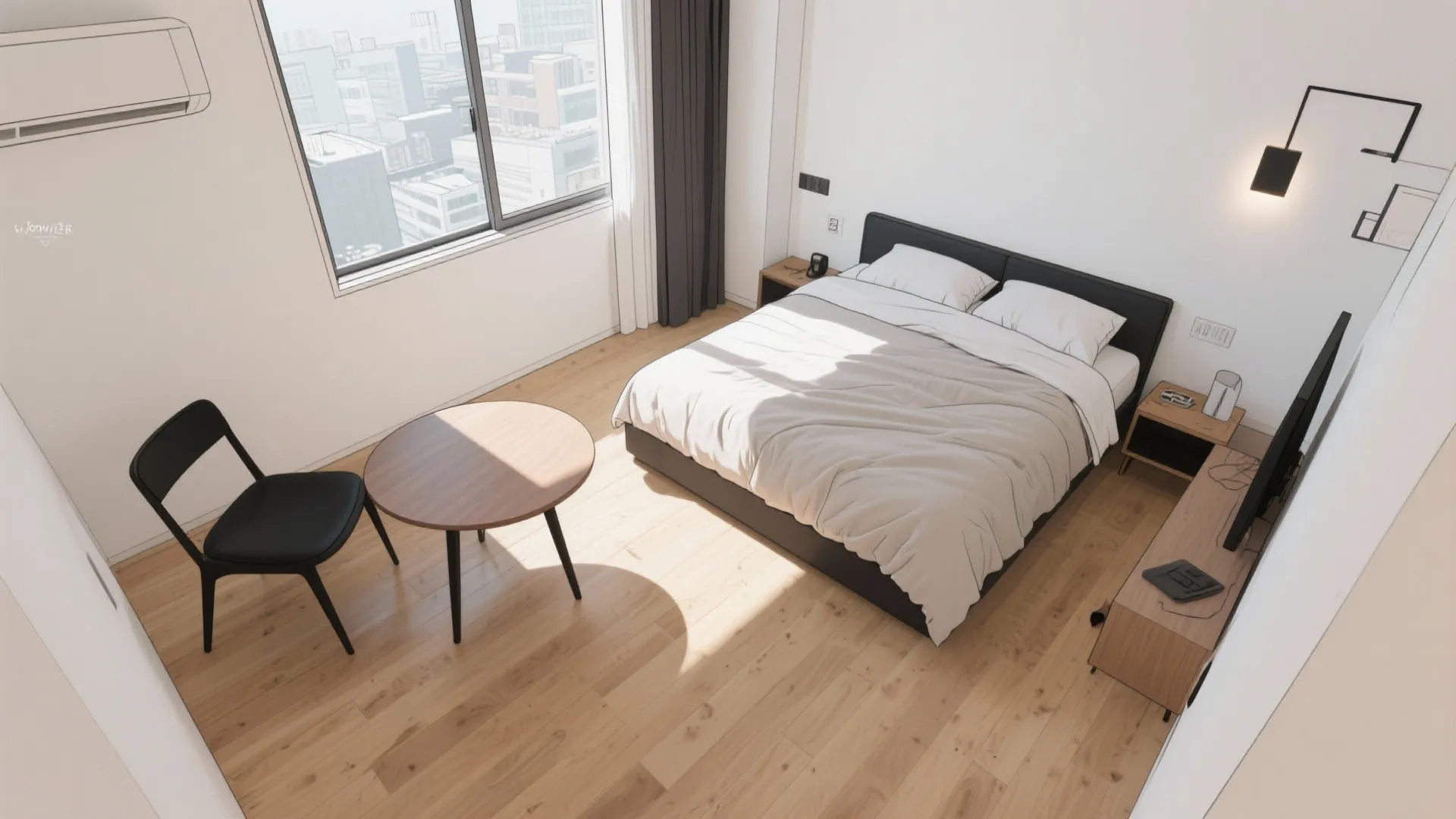 Tips 4: 1Rのベッドとテーブルは“斜め関係”に｜視線の逃げ場を作る