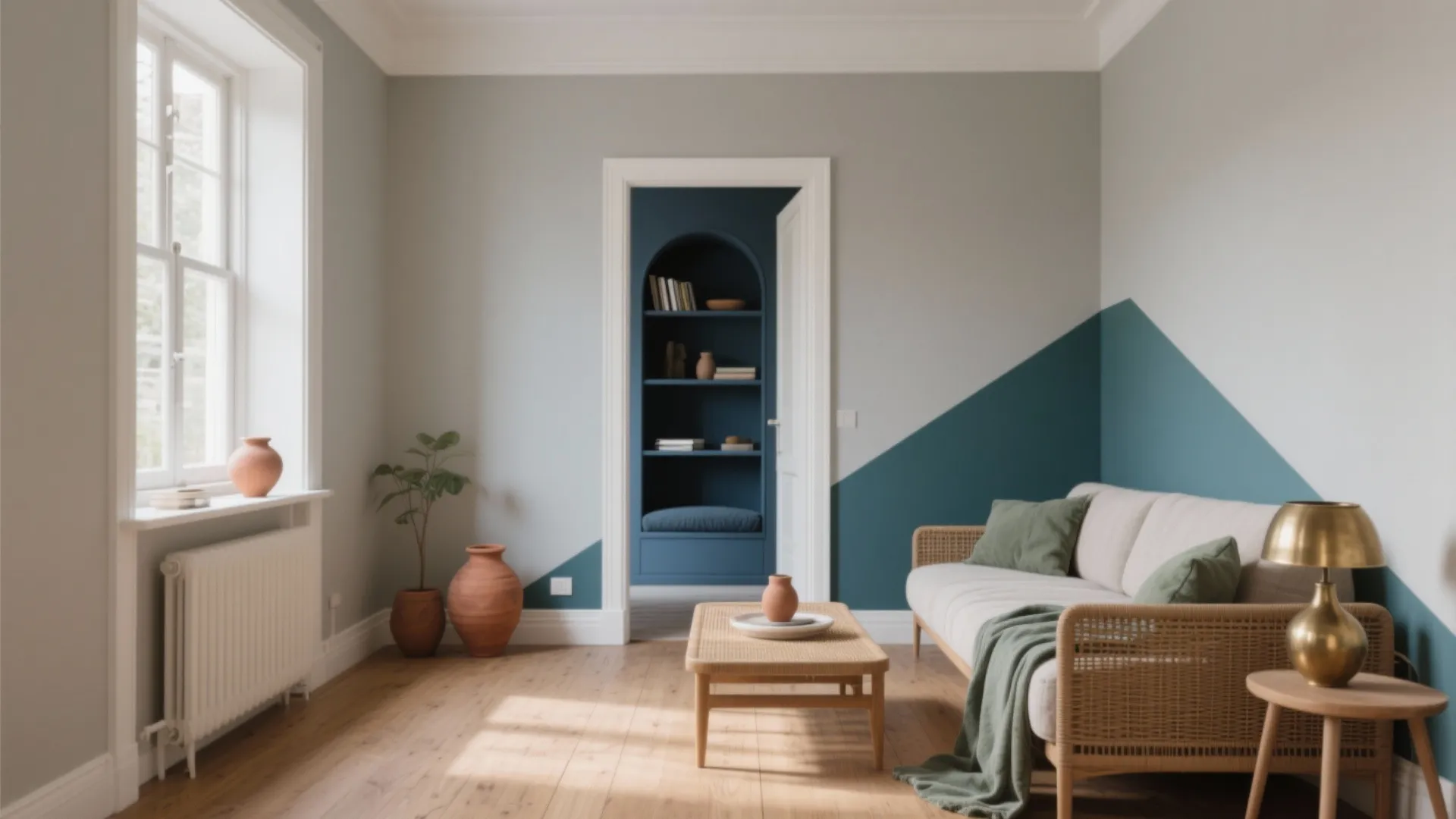 Living room with grey and blue painted walls sofa coffee table and wood floor design