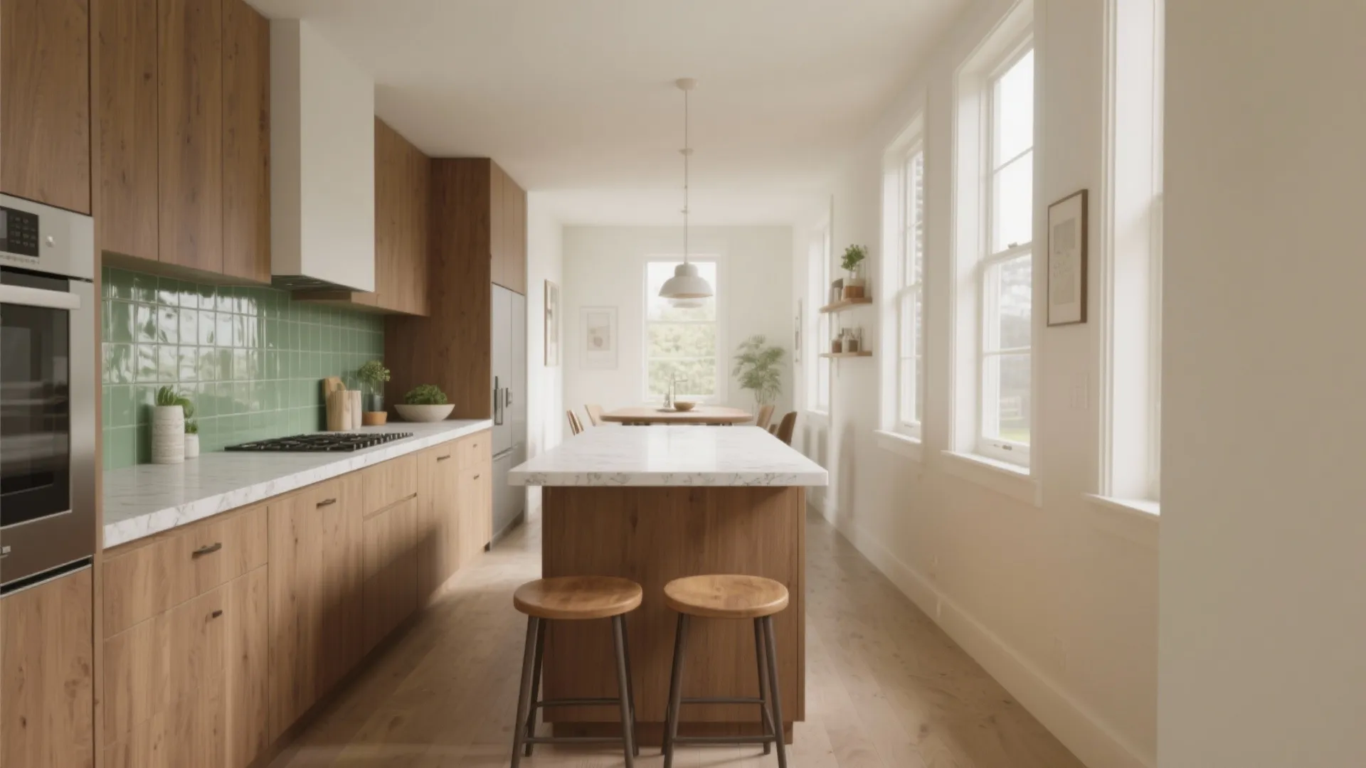 Modern kitchen with wooden cabinets green tiled backsplash white marble island two stools and windows
