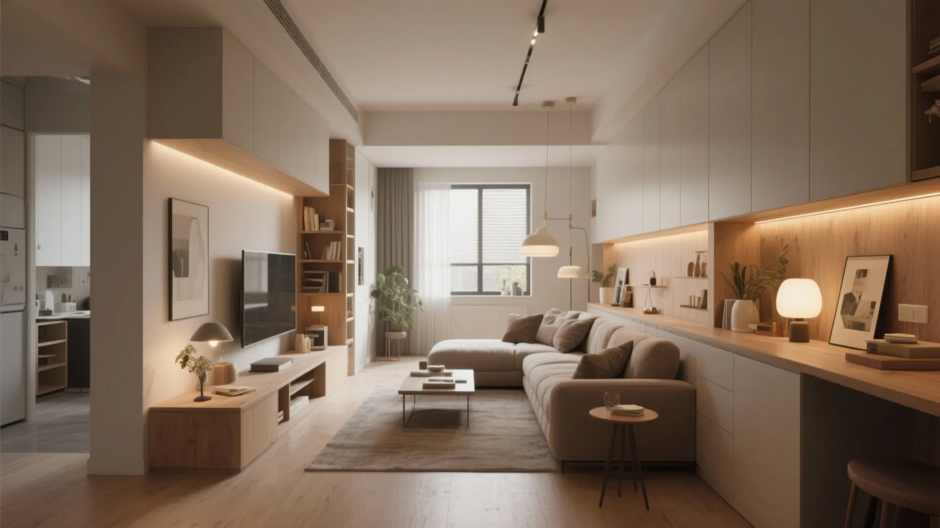 Modern warm living room with beige sofa wood coffee table white cabinets and natural light
