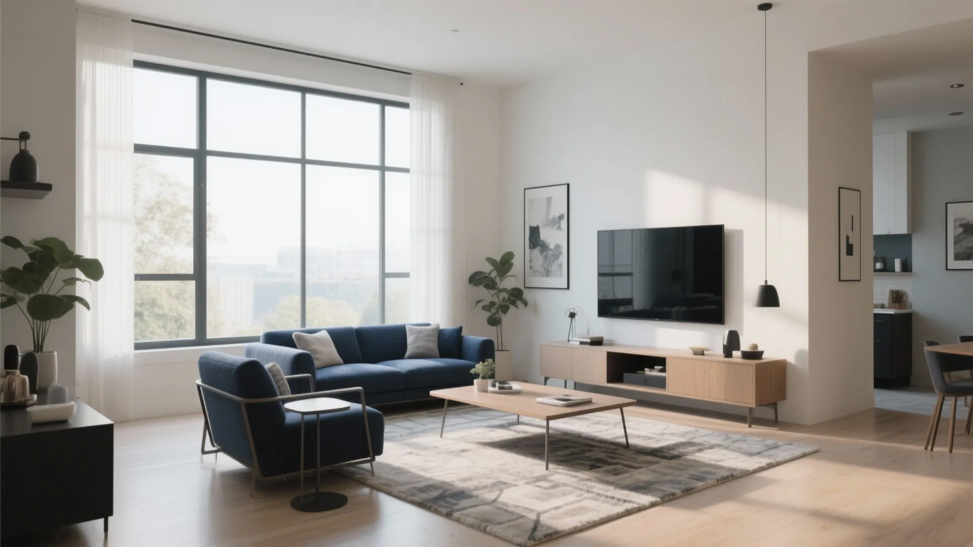 Modern living room with blue sofa armchair wooden coffee table television cabinet large window and plants