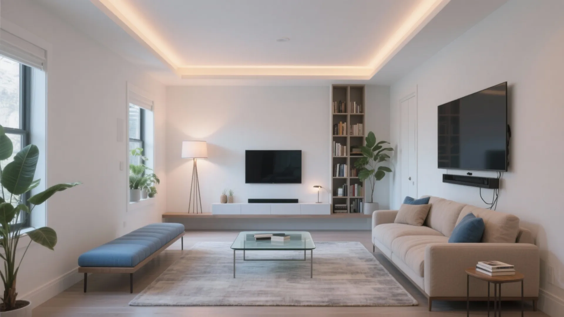 Modern white living room with beige sofa blue bench glass coffee table and ceiling light