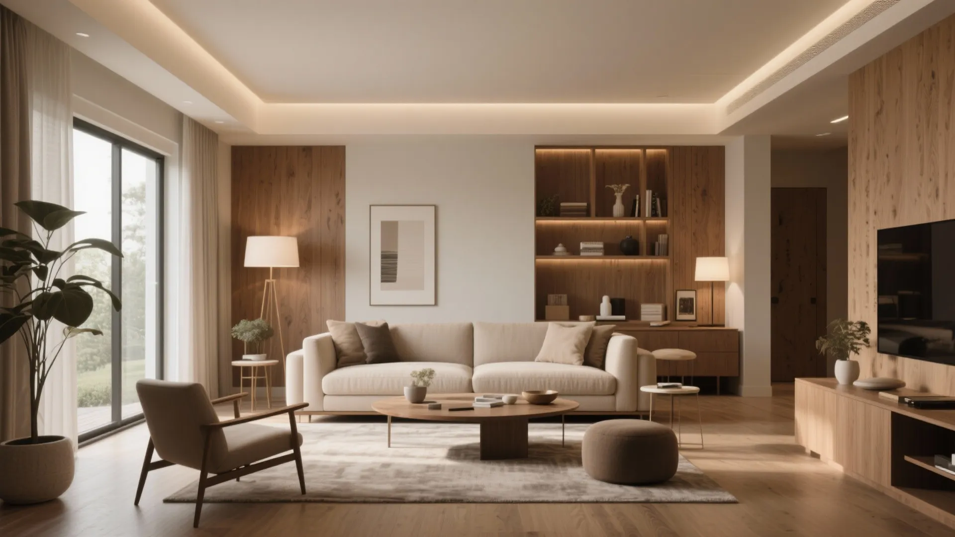 Cozy living room with wooden wall panels cream sofa round coffee table and floor lamp