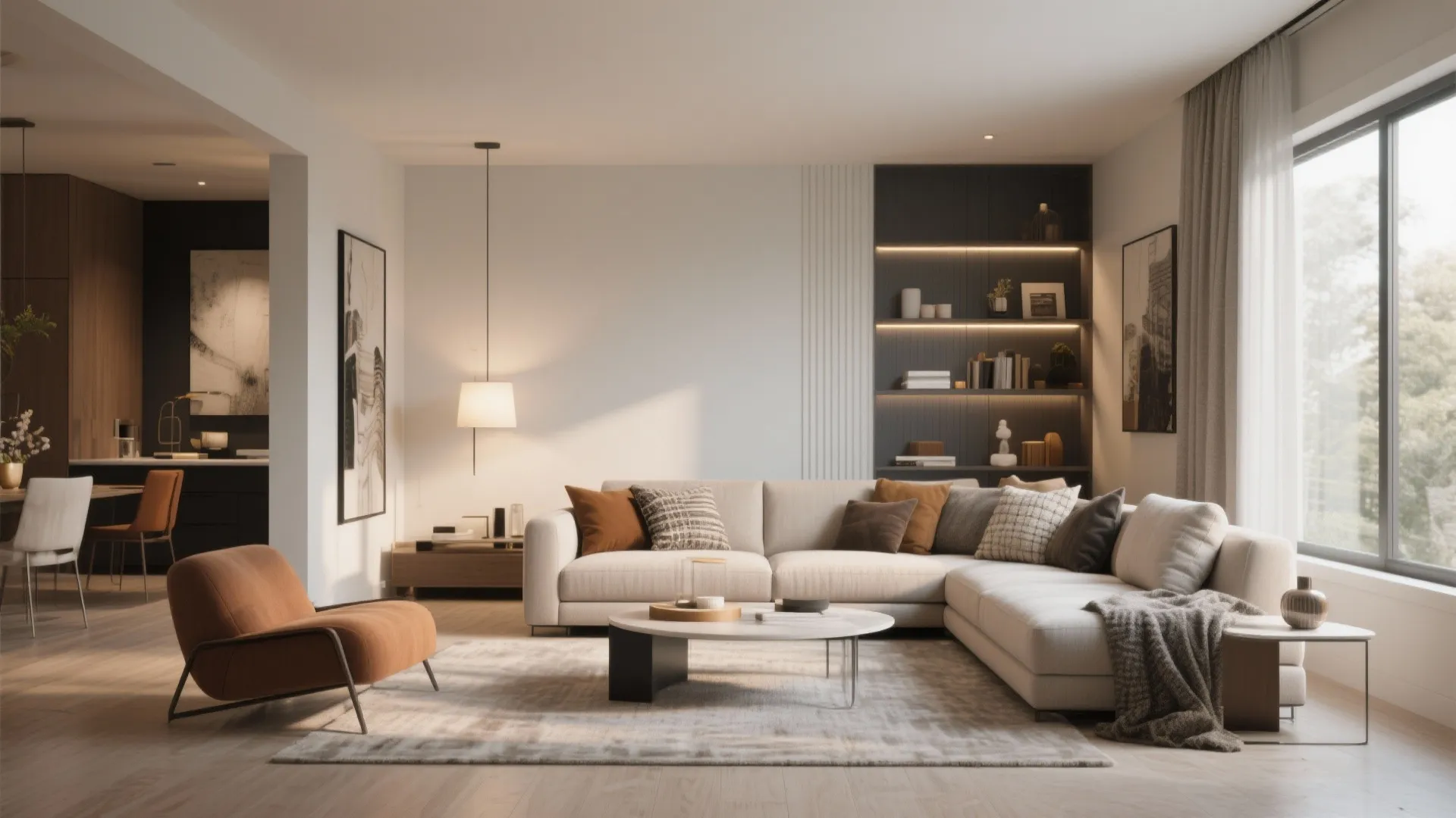 Spacious living room featuring a large sectional sofa orange armchair and built in wall shelves