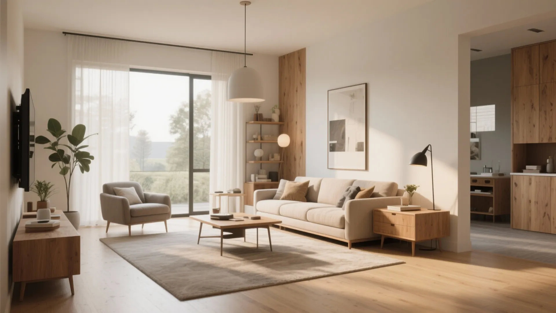 Modern living room featuring beige sofa wooden coffee table large windows ceiling light and plant