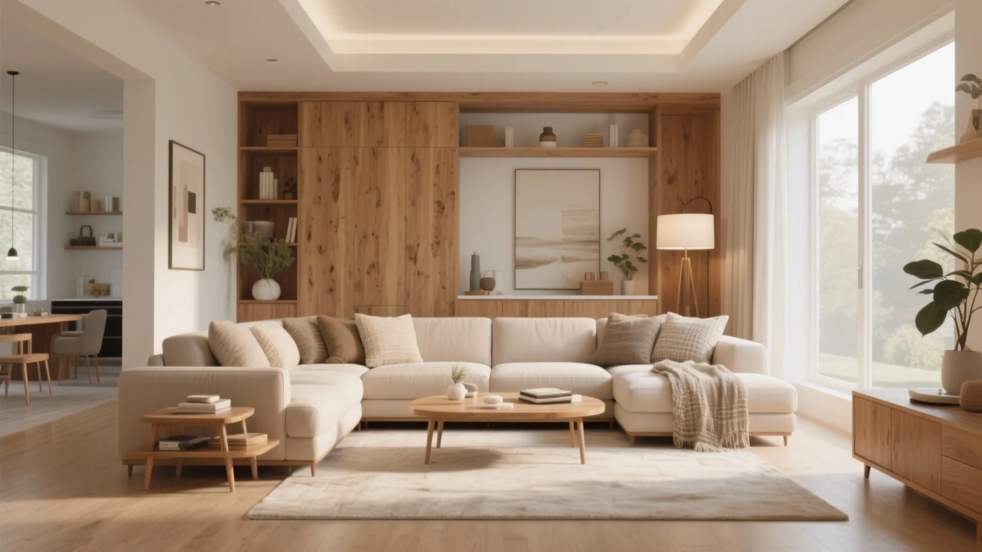 Spacious living room with large white sofa and wooden cabinet under warm recessed ceiling lighting
