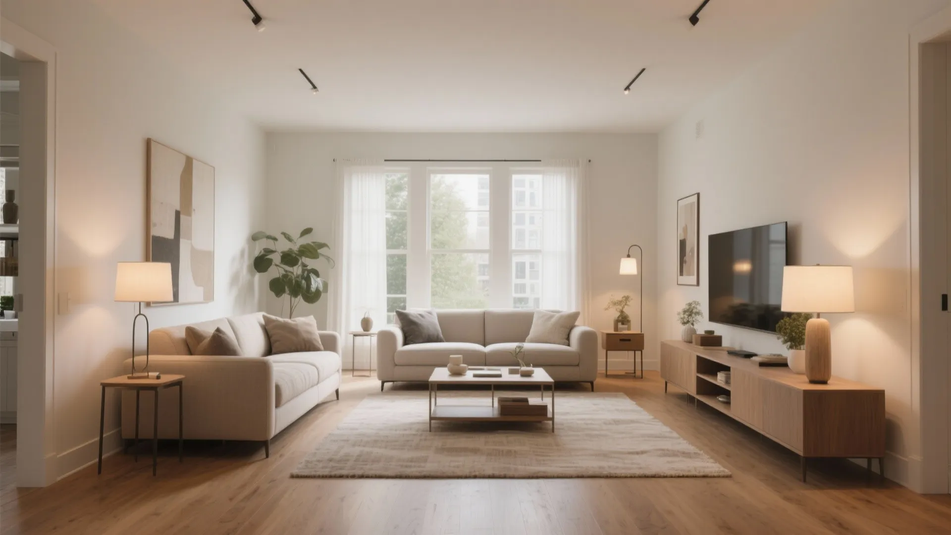Spacious living room featuring two beige sofas wooden floor television cabinet table lamps and large windows