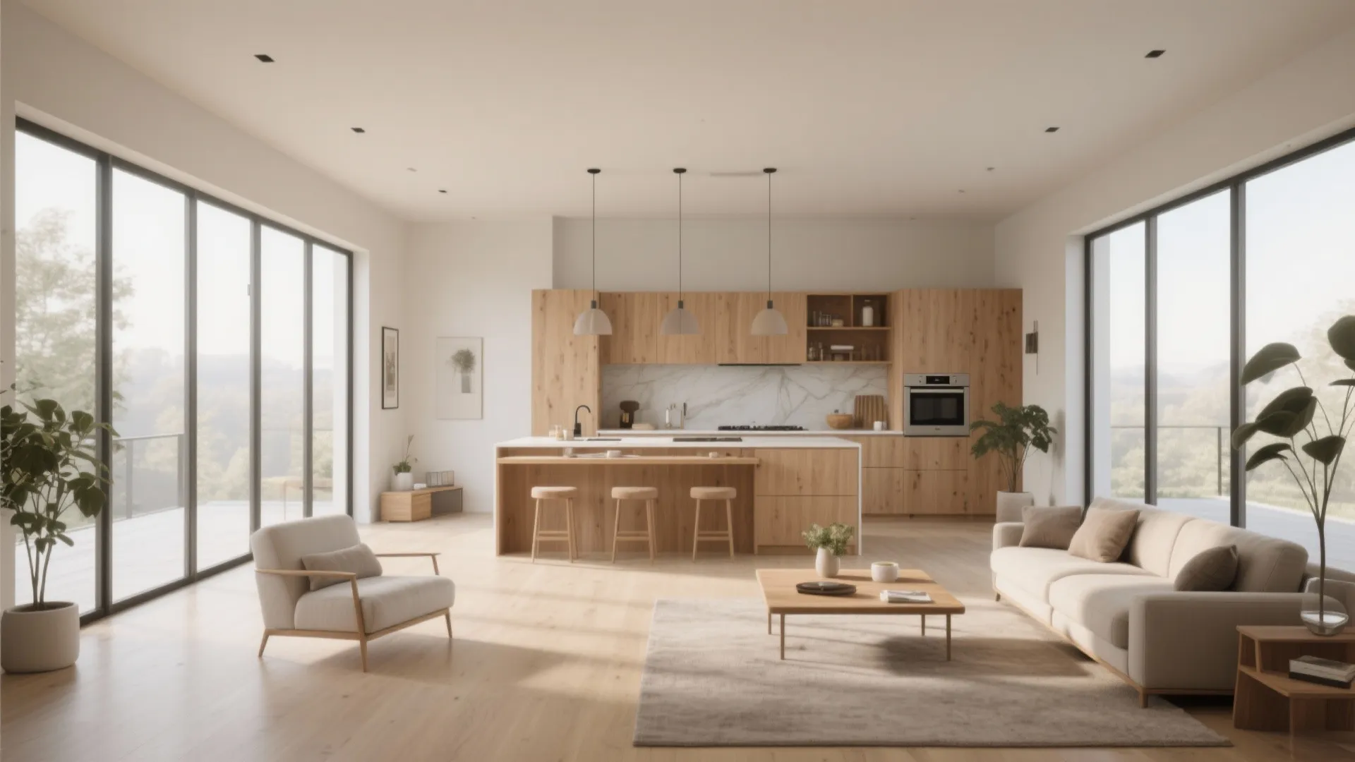 Modern open plan living room with wooden kitchen island white sofa and large floor windows