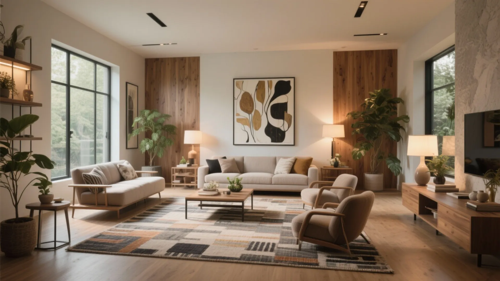 Modern living room with beige sofas wooden wall panels large abstract painting green plants rug