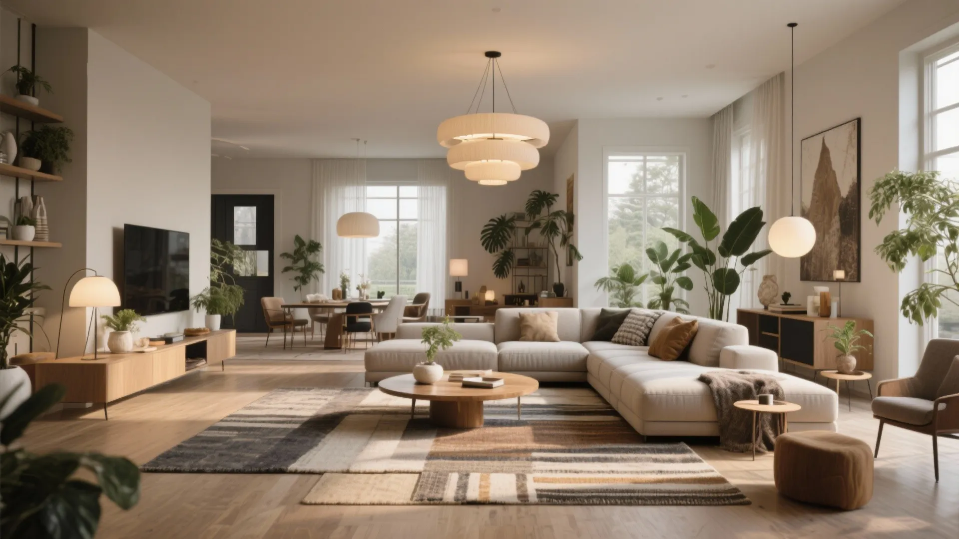 Modern open living room featuring white sectional sofa wooden coffee table green plants layered lights