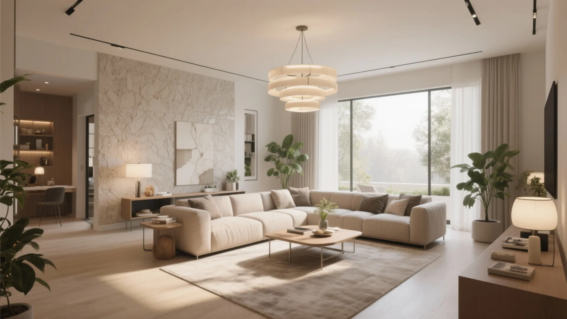 Modern bright living room featuring a large sofa wooden coffee table and elegant ceiling light