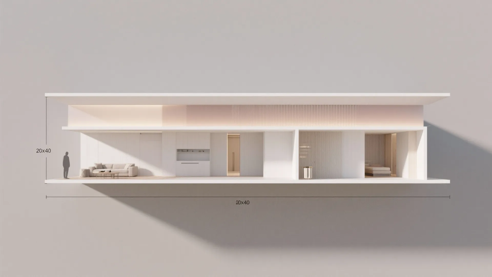 Modern long white building with open rooms including a sofa and bedroom under soft lighting