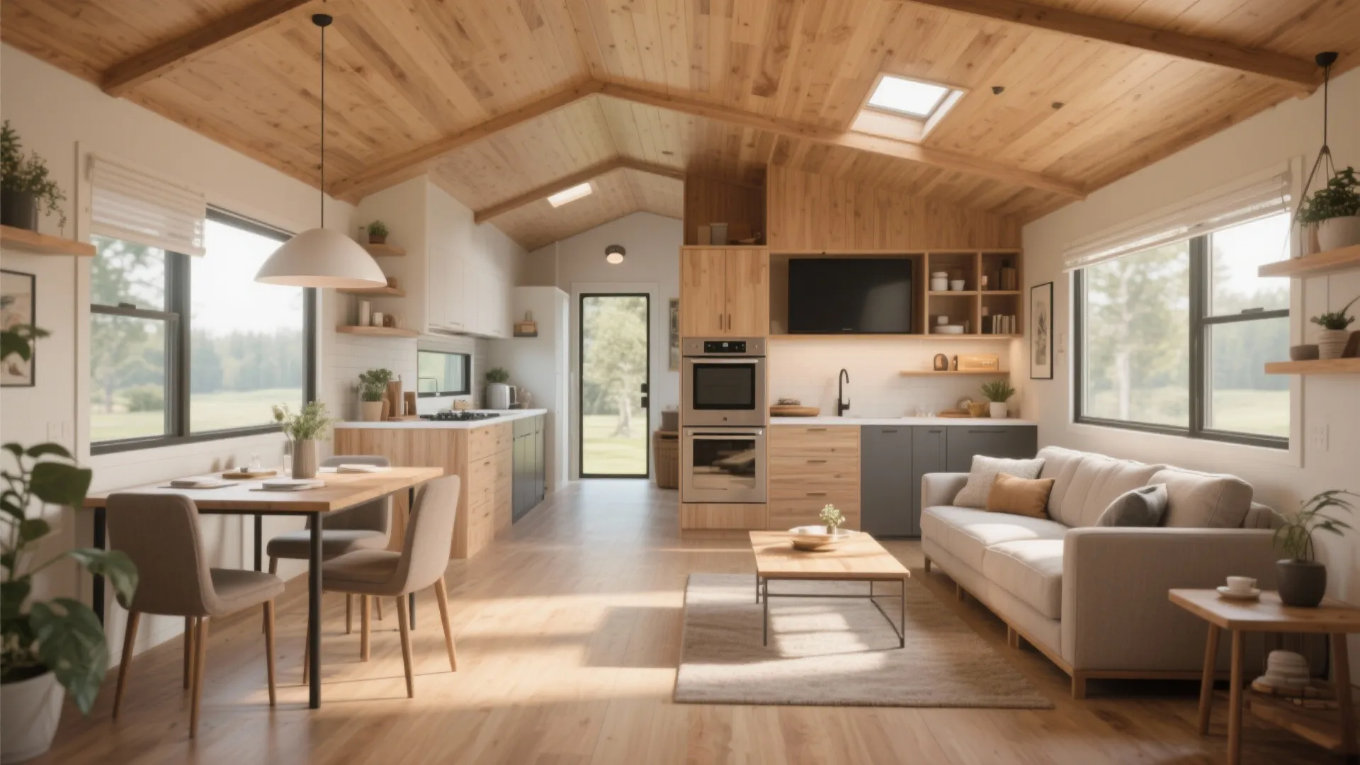 Modern open living room and kitchen featuring wooden ceilings gray sofa dining table and natural light