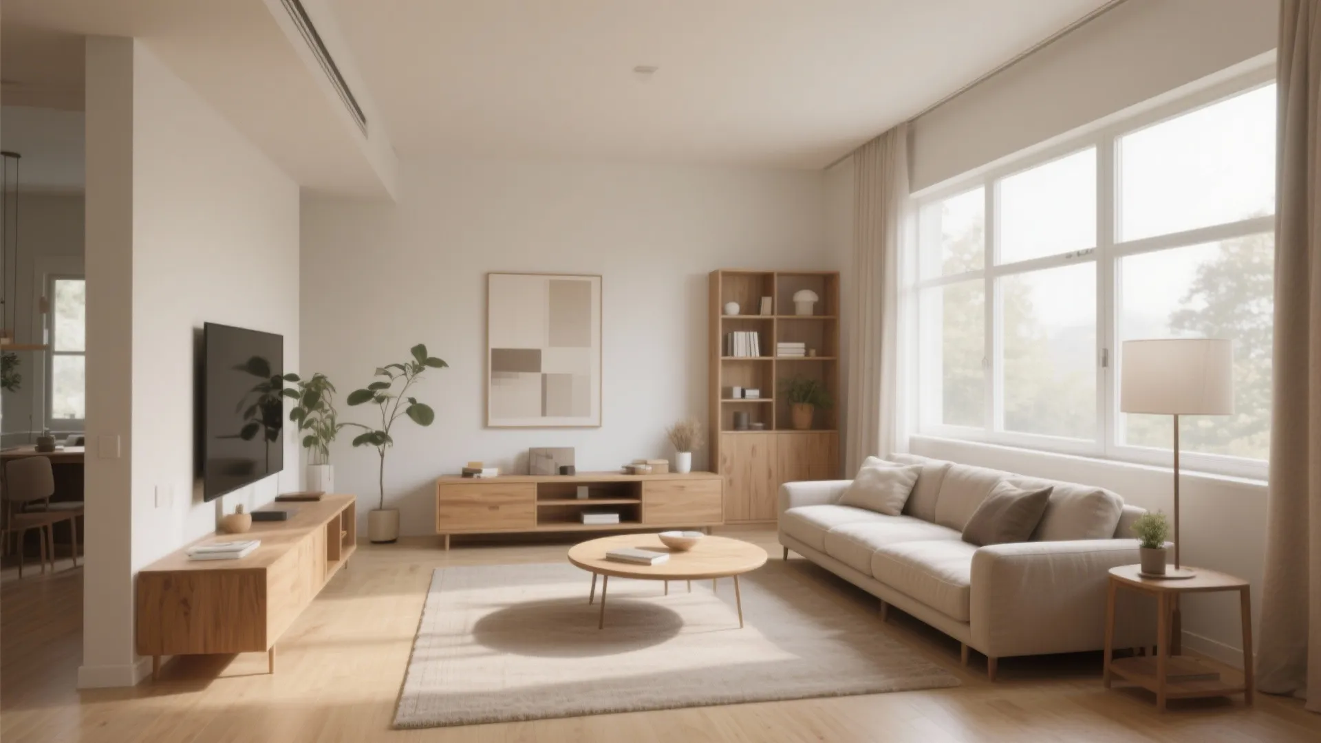 Modern bright living room with cream sofa wooden coffee table floor lamp and large white windows