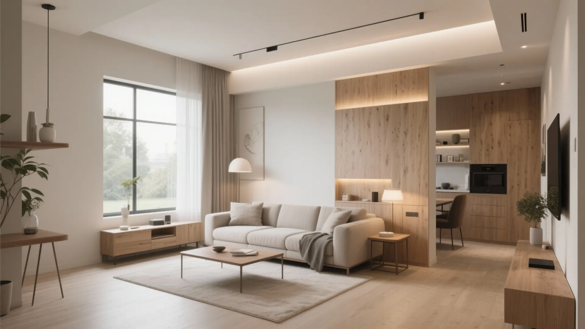 Open plan living room with cream sofa wood wall panel and integrated kitchen area layout
