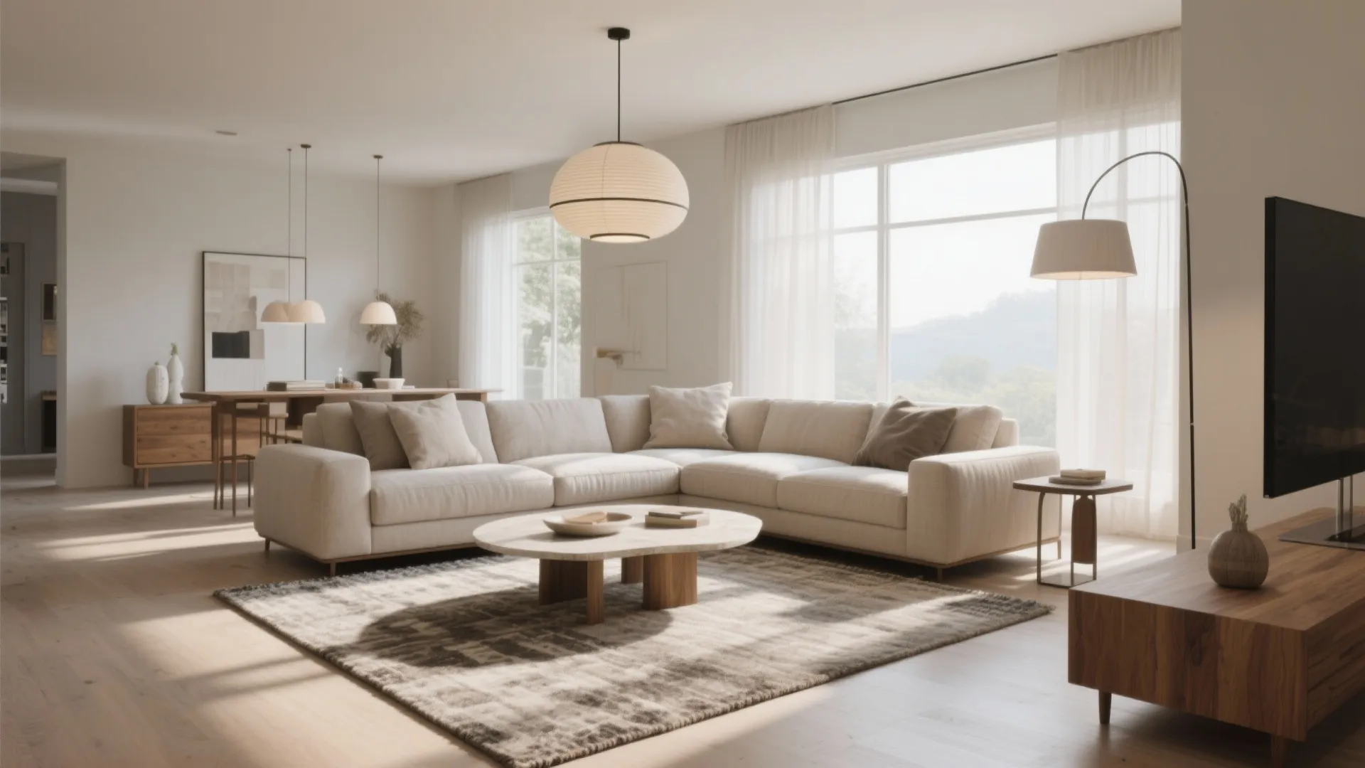 Modern living room with beige sofa, coffee table, paper ceiling light, and bright large window