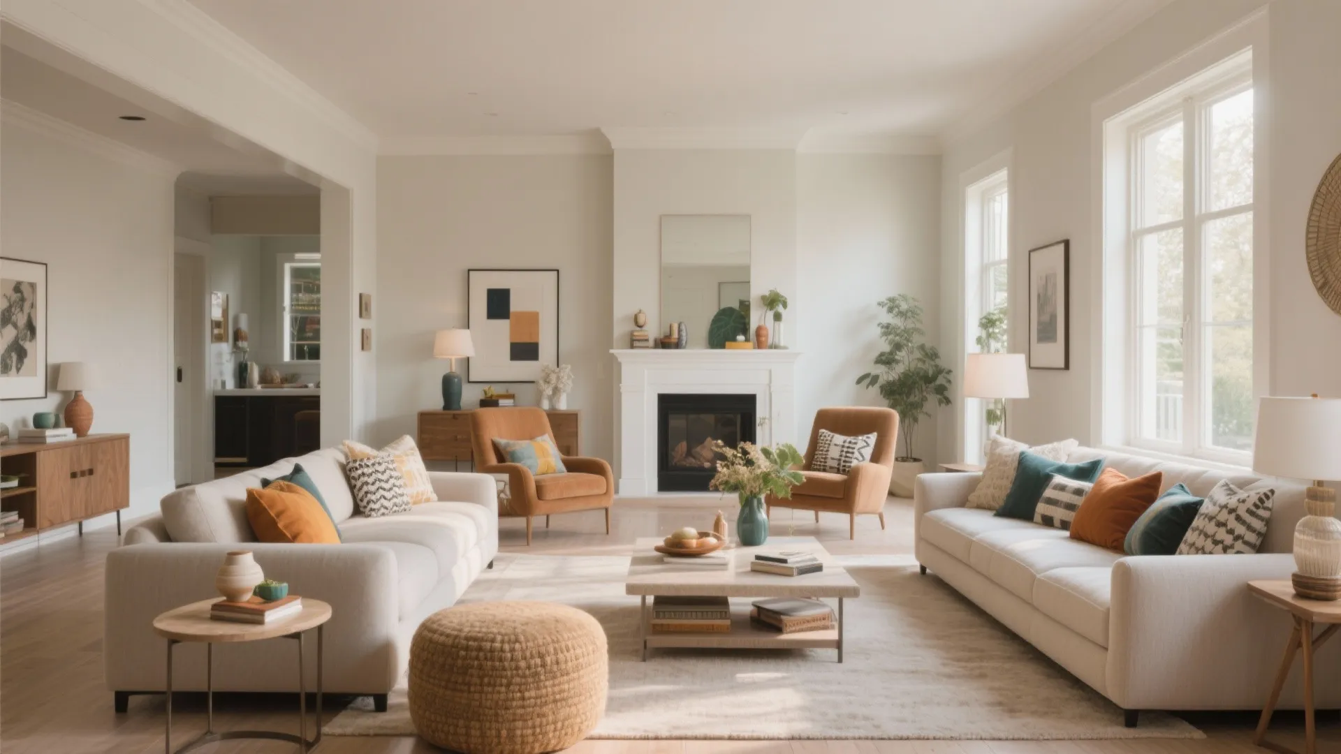 Spacious living room with white sofas orange chairs white fireplace large rug and coffee table