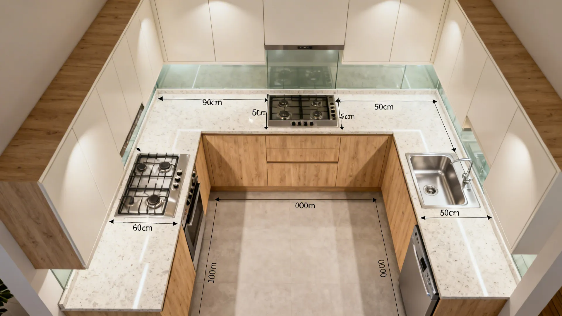 Top-down view of a 9x5 L-shaped kitchen showing 24-inch appliances and a clear prep zone.
