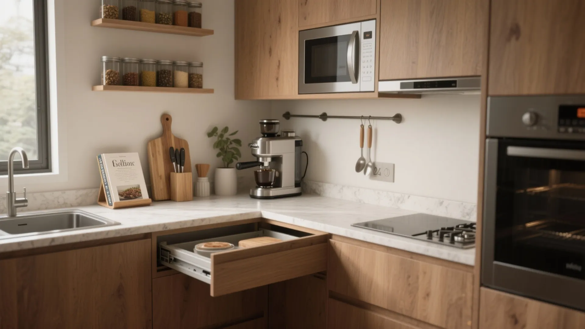 Kitchen corner with wood cabinets coffee machine microwave oven and an open drawer for storage