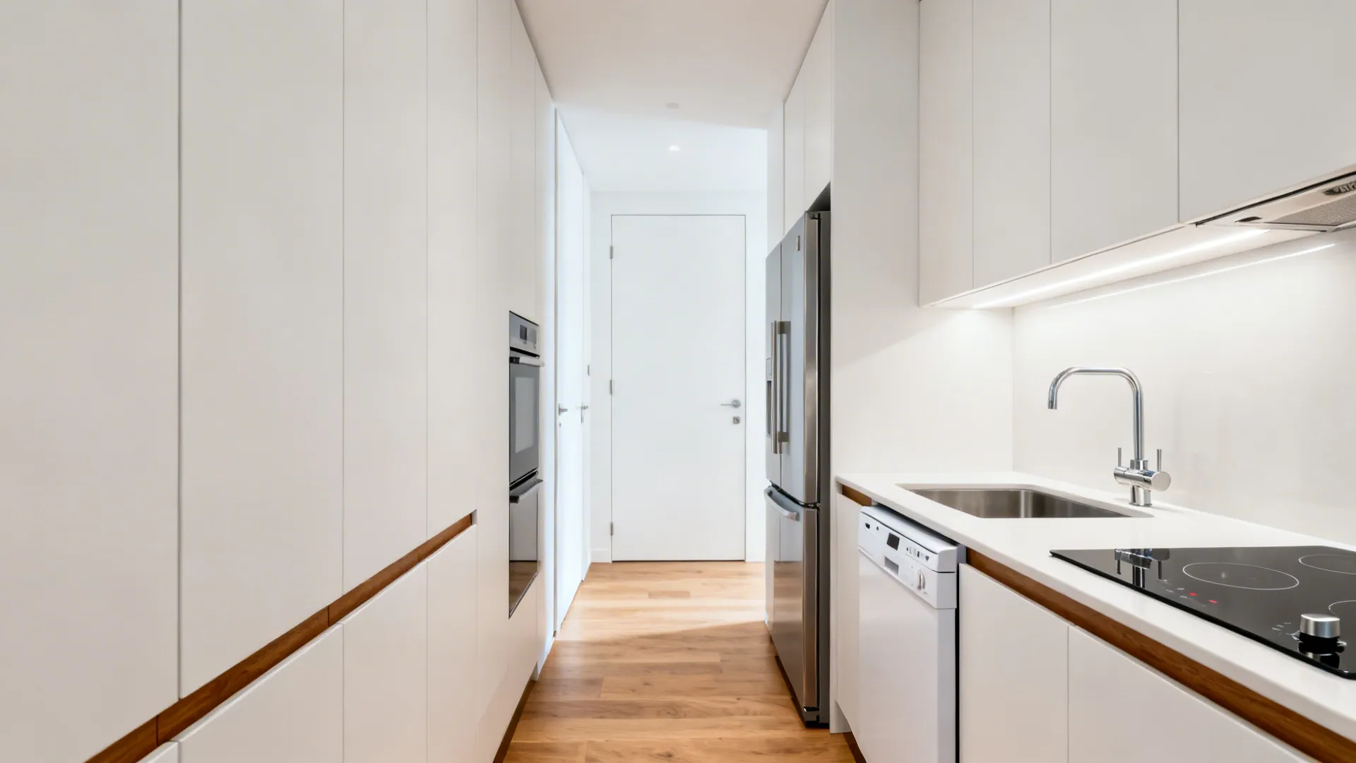 Slim 24-inch fridge, range, and panel-ready dishwasher in a narrow modern kitchen.