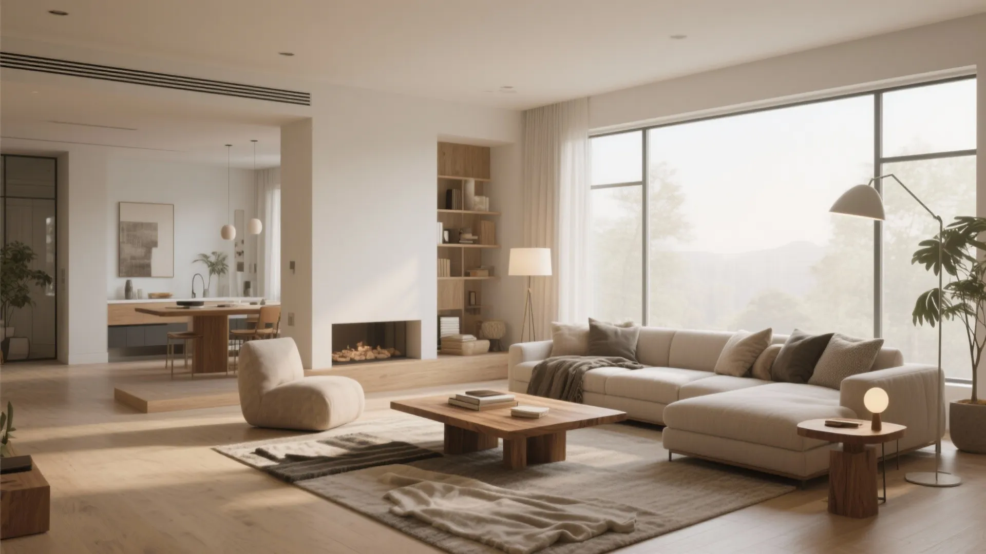 Spacious open living room with cream sofa wooden coffee table fireplace and large bright windows