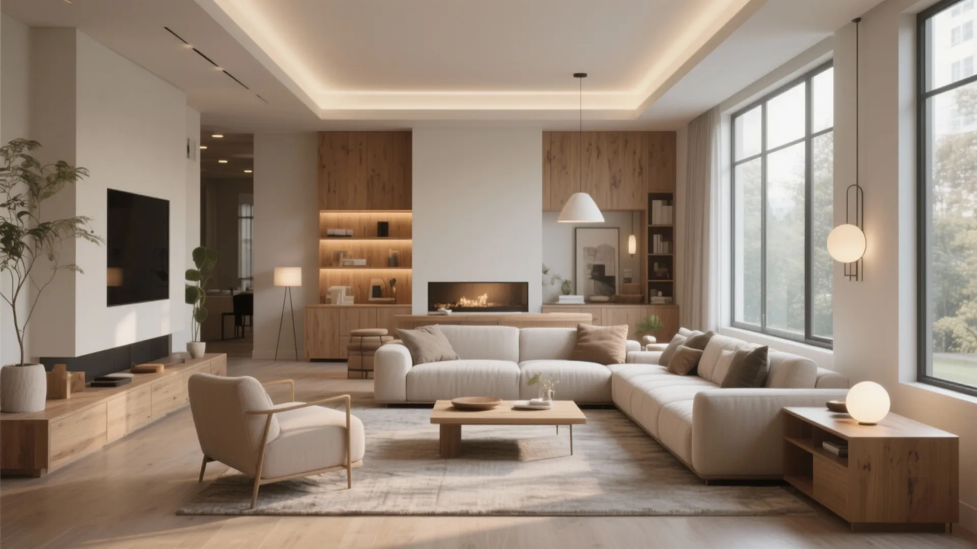 Modern open living room with cream sofa armchair wood coffee table fireplace and ceiling light
