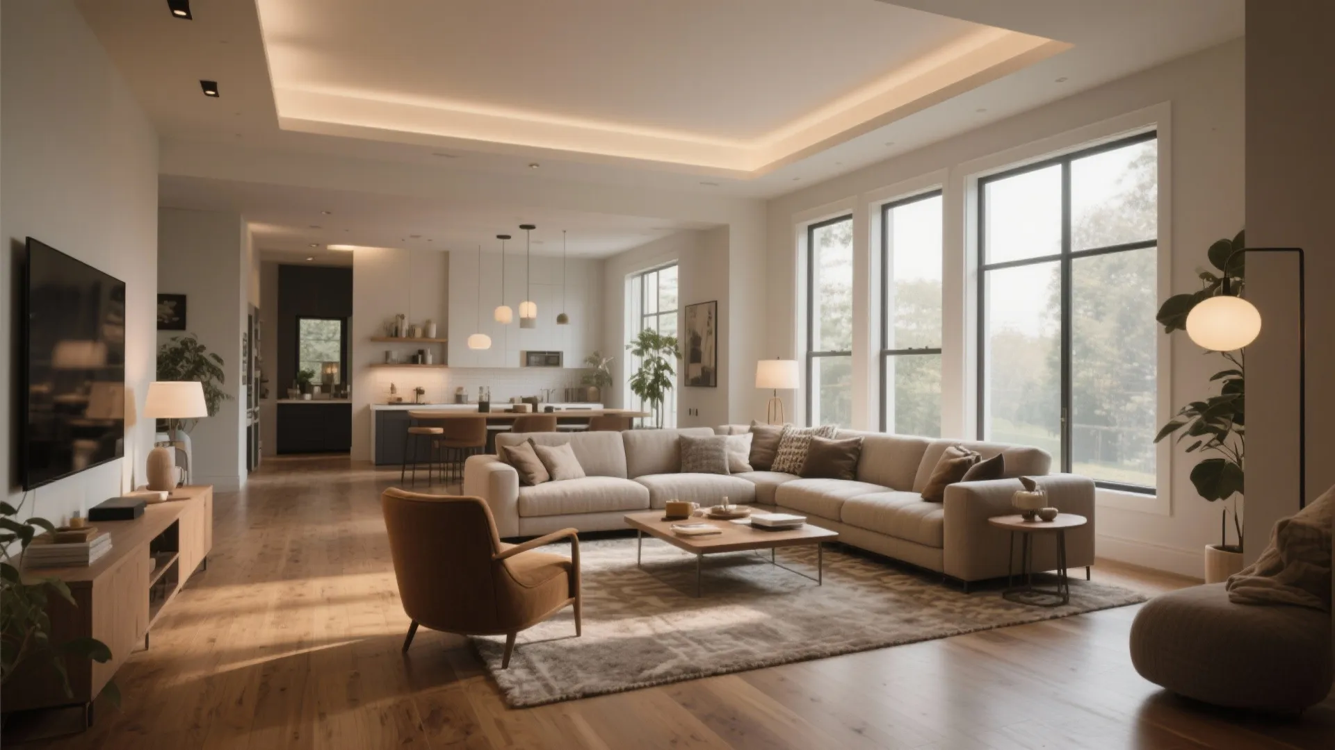 Modern open-plan living room with beige sofa wooden floor large windows and kitchen in background