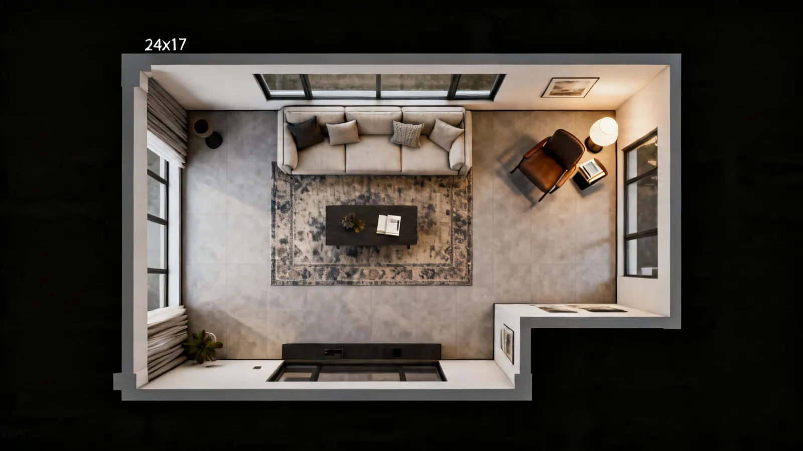 24 by 17 living room floor plan showing seating zones and furniture arrangement