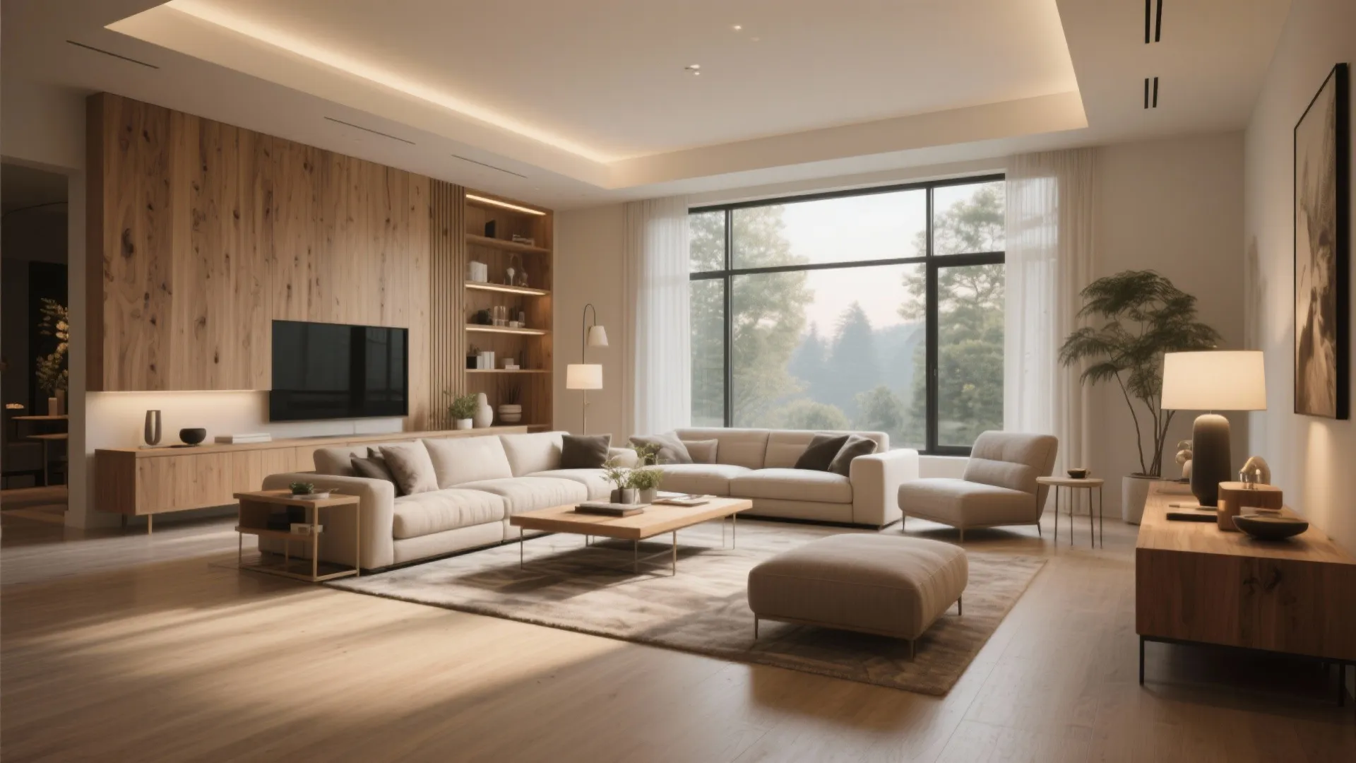 Large living room with wood wall paneling white sectional sofa large window and warm indoor lighting