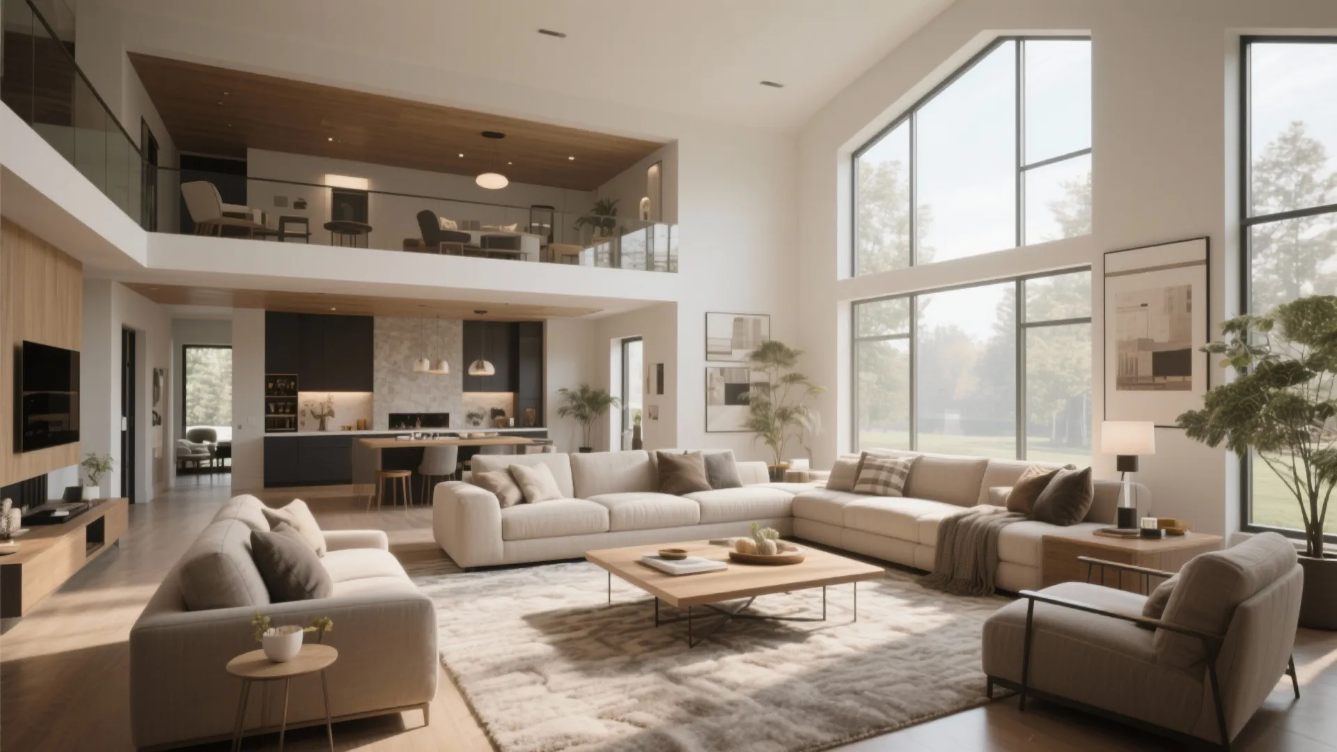 Large open plan living room with high ceiling large windows beige sofa and wooden table