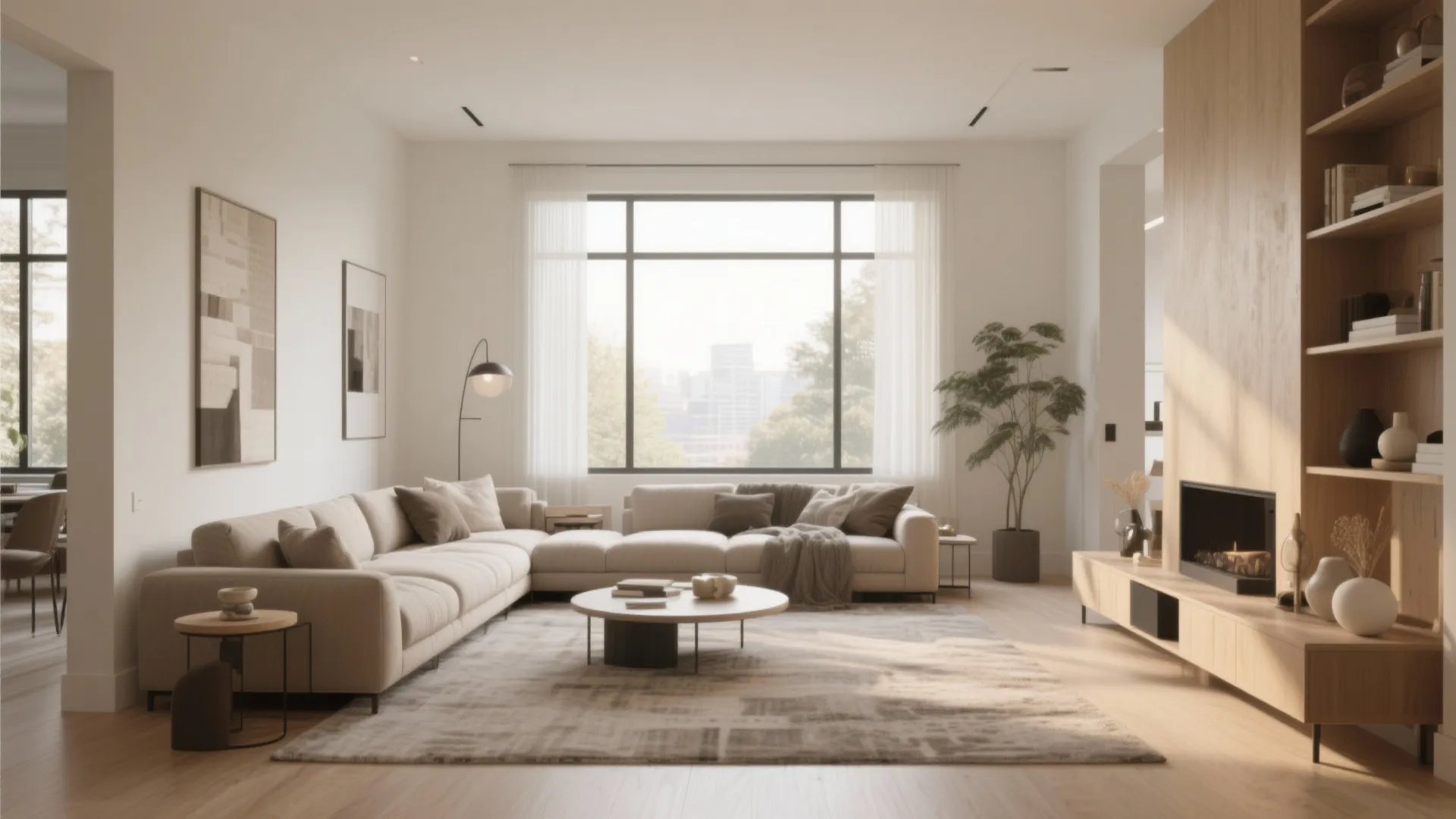 Modern living room with beige sofa, round coffee table, wooden shelving unit, and large windows