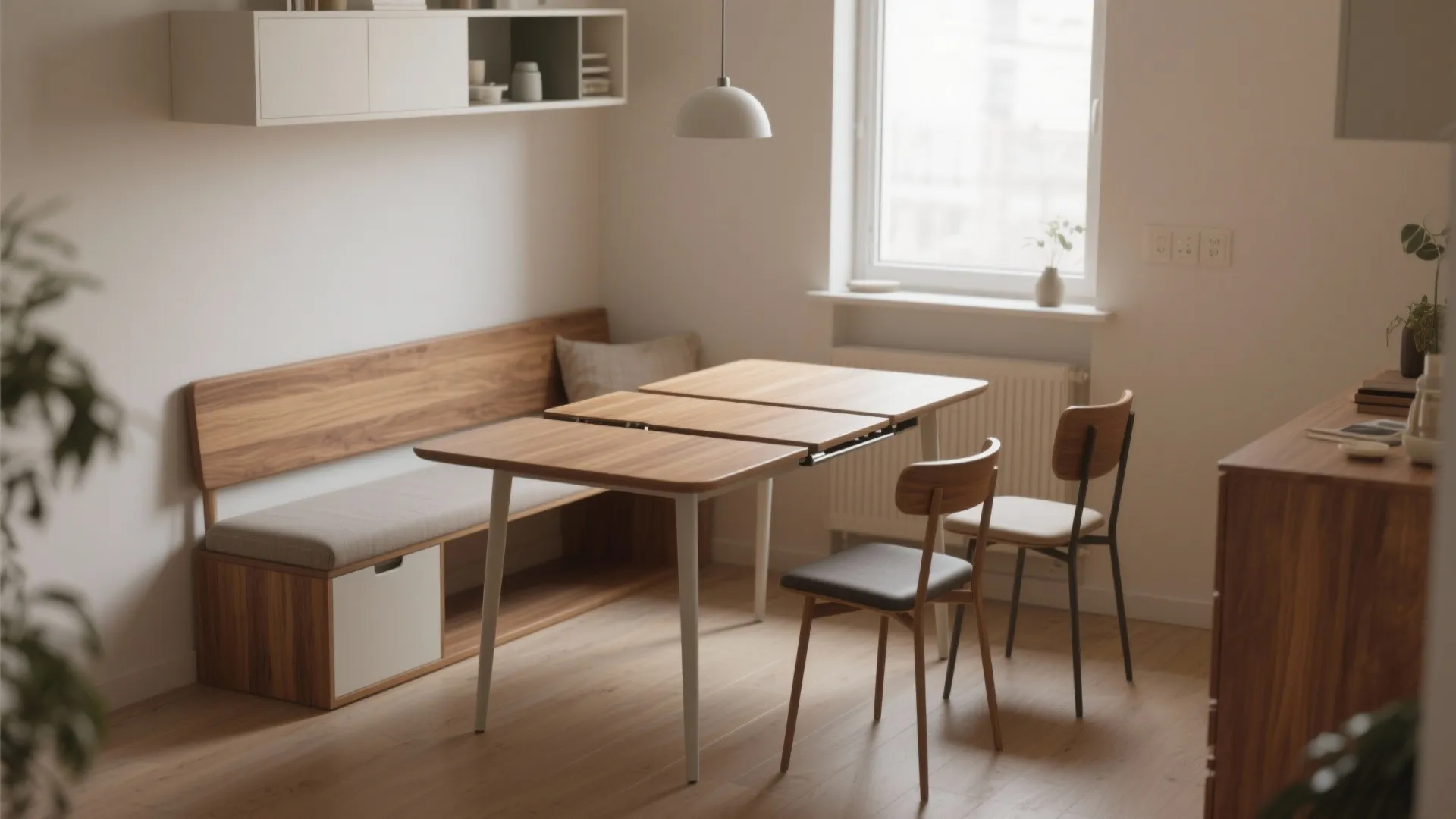Wooden dining table with a wall bench and two chairs under a white ceiling light