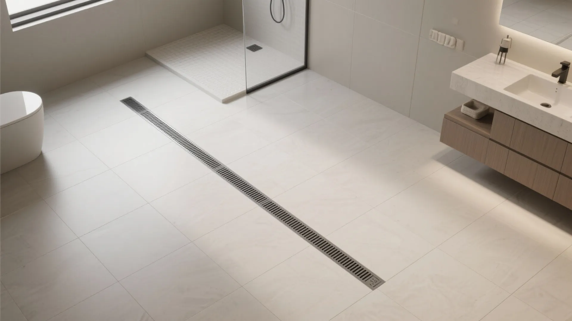 Oversized floor tiles (24x24 or 24x48) to elongate the room