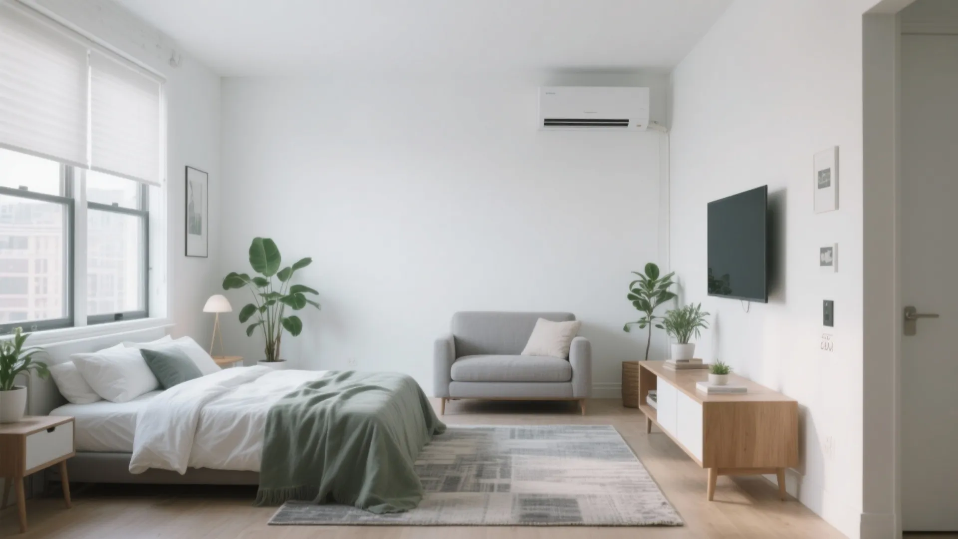 Minimalist bedroom interior with white walls grey sofa wooden cabinet and bed under air conditioner
