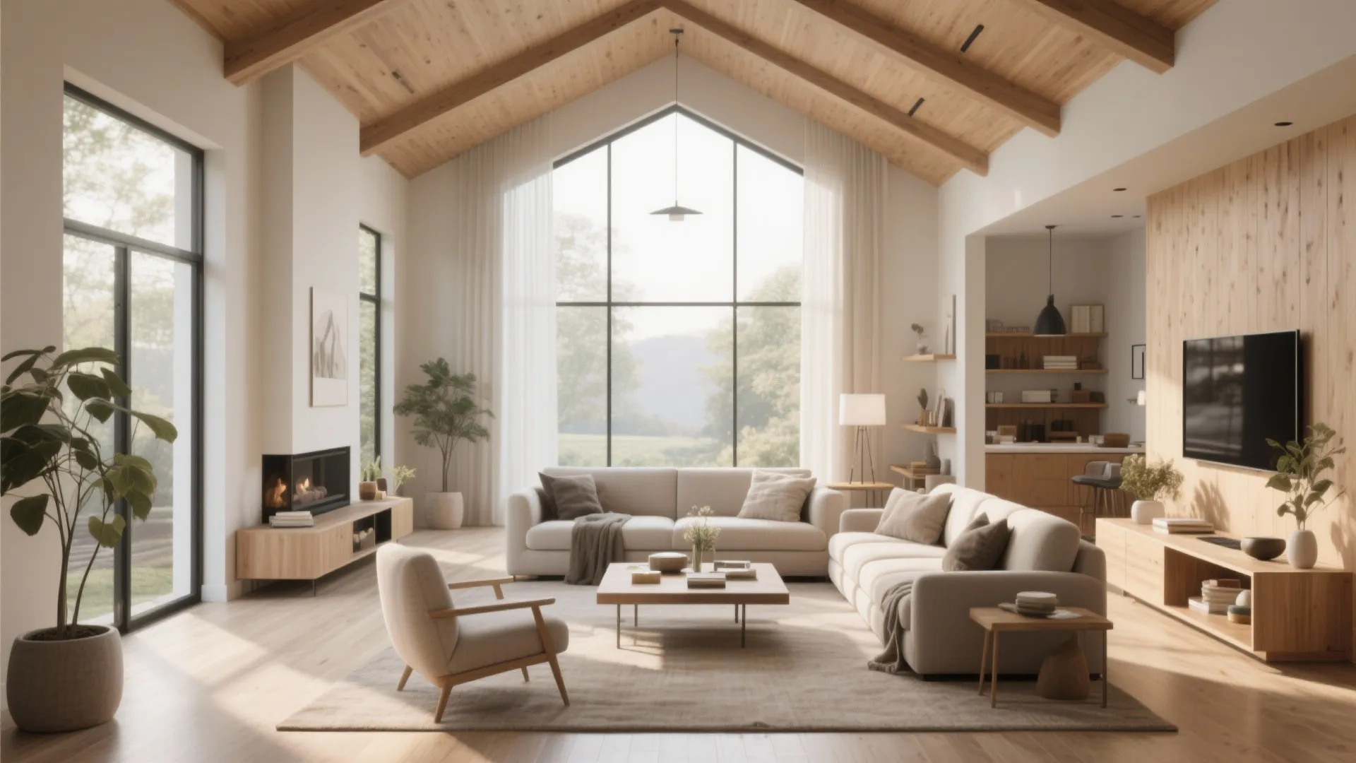 Modern living room with wooden high ceiling large windows beige sofas fireplace and natural light