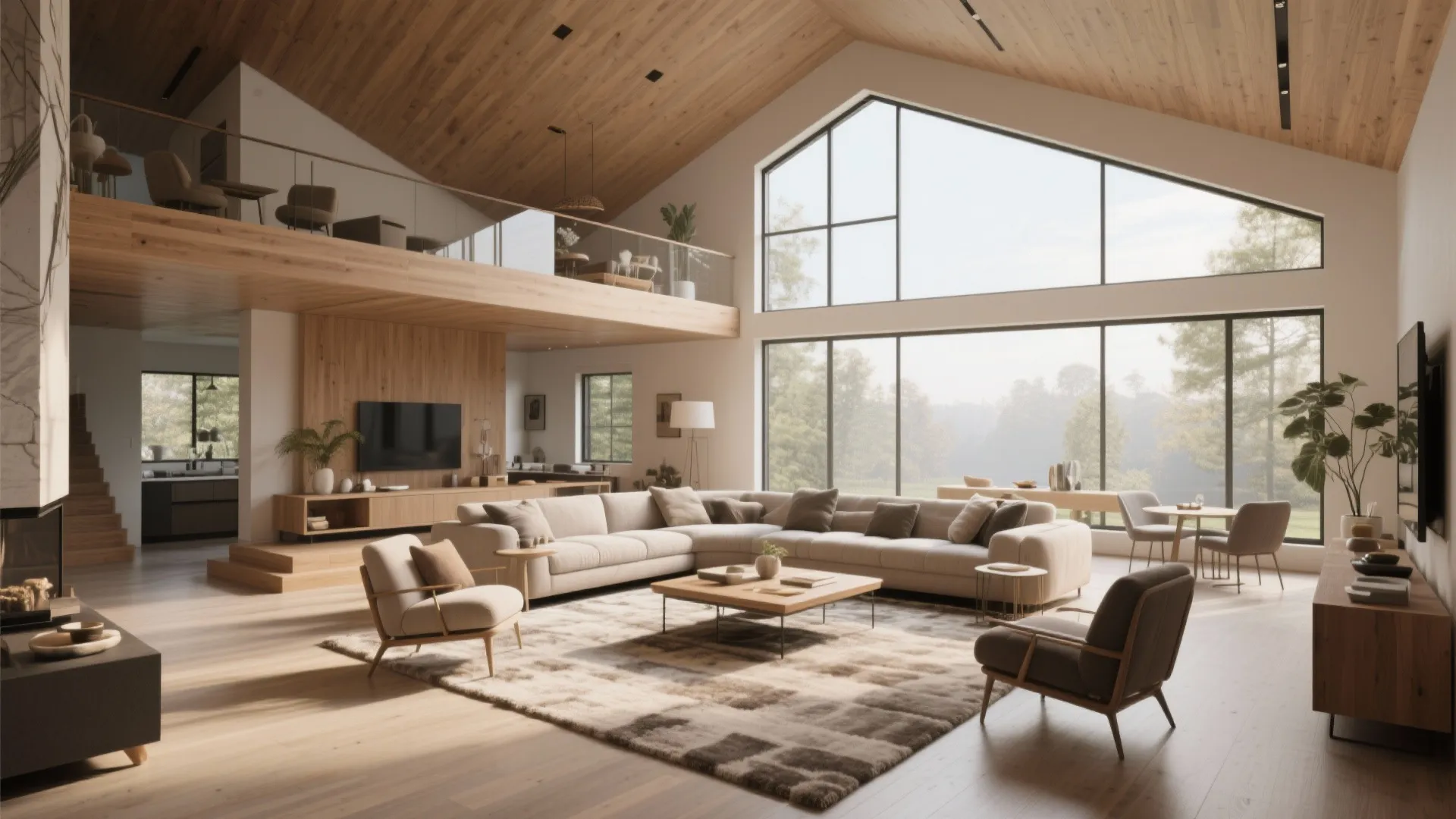 Spacious living room with high wooden ceiling large windows beige sectional sofa and upper floor