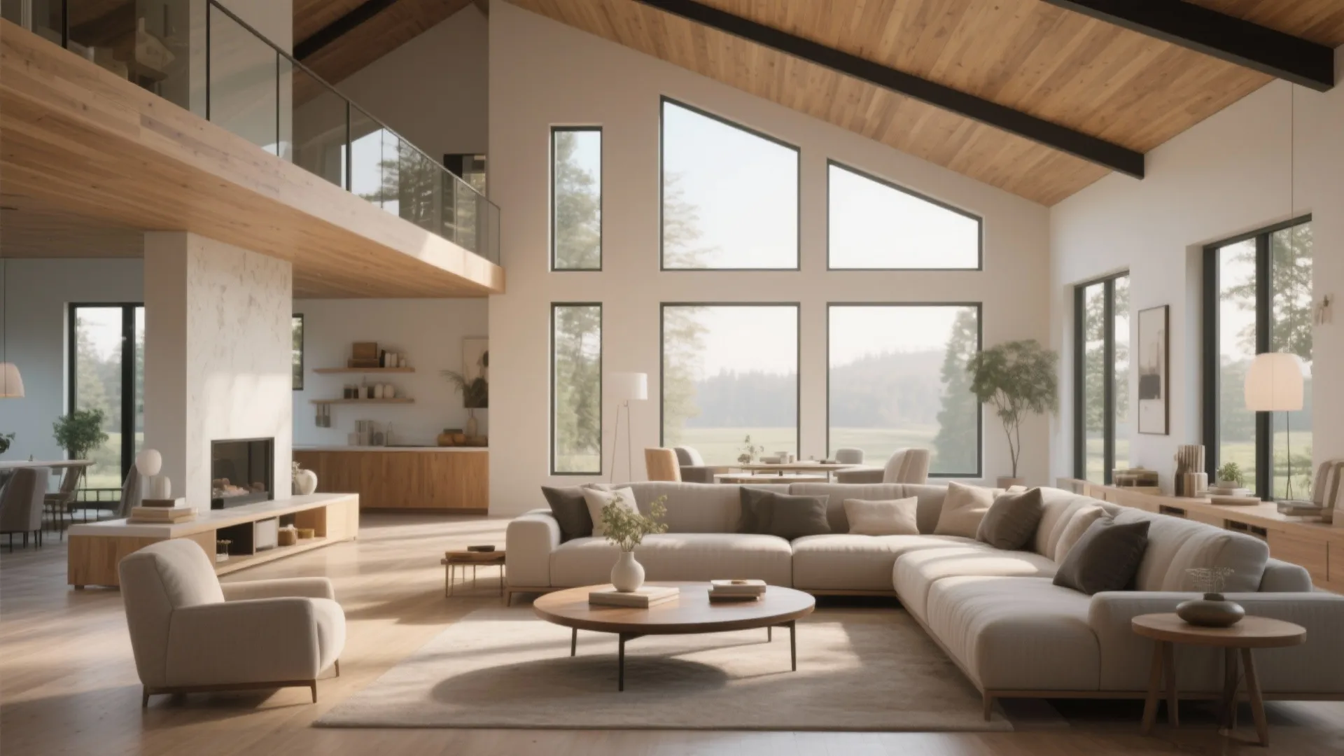 Spacious open plan living area with sectional sofa round coffee table fireplace and high sloped ceiling