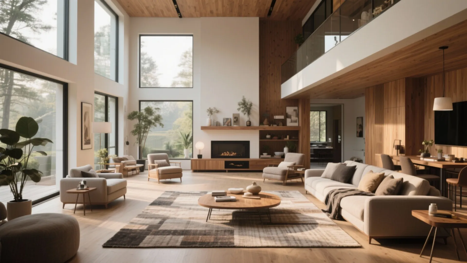 Large open plan living room with high ceilings wooden walls fireplace round coffee table and windows